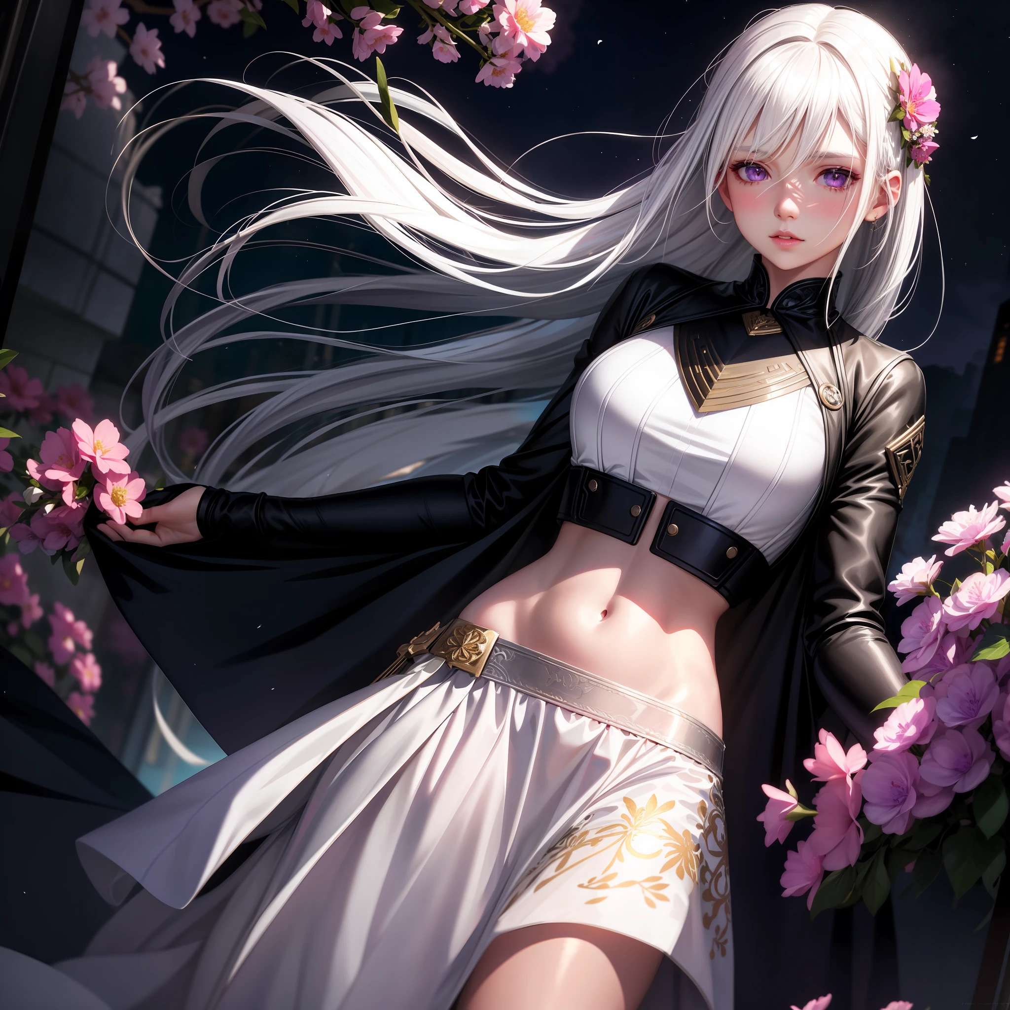realistic, 1girl, white hair, purple eyes, glowing eyes, crop top, skirt, parted lips, blush, night, flowers, sun, sunlight,