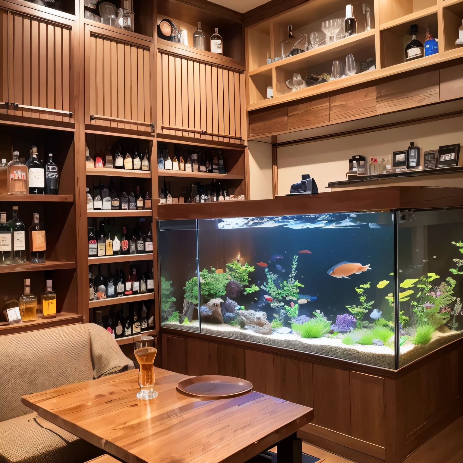 Japan male, age 54 years old, naked eye, short hair, professional carpenter, whiskey lover, alcohol lover, 2 meters aquarium in the room, nature aquarium inside, Scotch whiskey on the whiskey shelf, glass with a highball in the corner of the aquarium --auto --s2