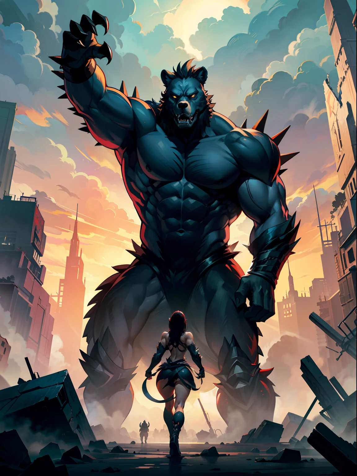 bear-like monster,sharp teeth, brute strength, spines on the back, sharp claws, pointed hair on the forearms, ultra detailed monster, (background with destruction effect: 1.2), , giant monster illustration with sharp claws, adhesive art, , full of color, intricate detail, golden aspect ratio illustration, monochrome, best quality, high quality, best quality, high resolution, amazing bright lighting, detail enhancement, detail enhancement, best quality, high quality, detail enhancement,