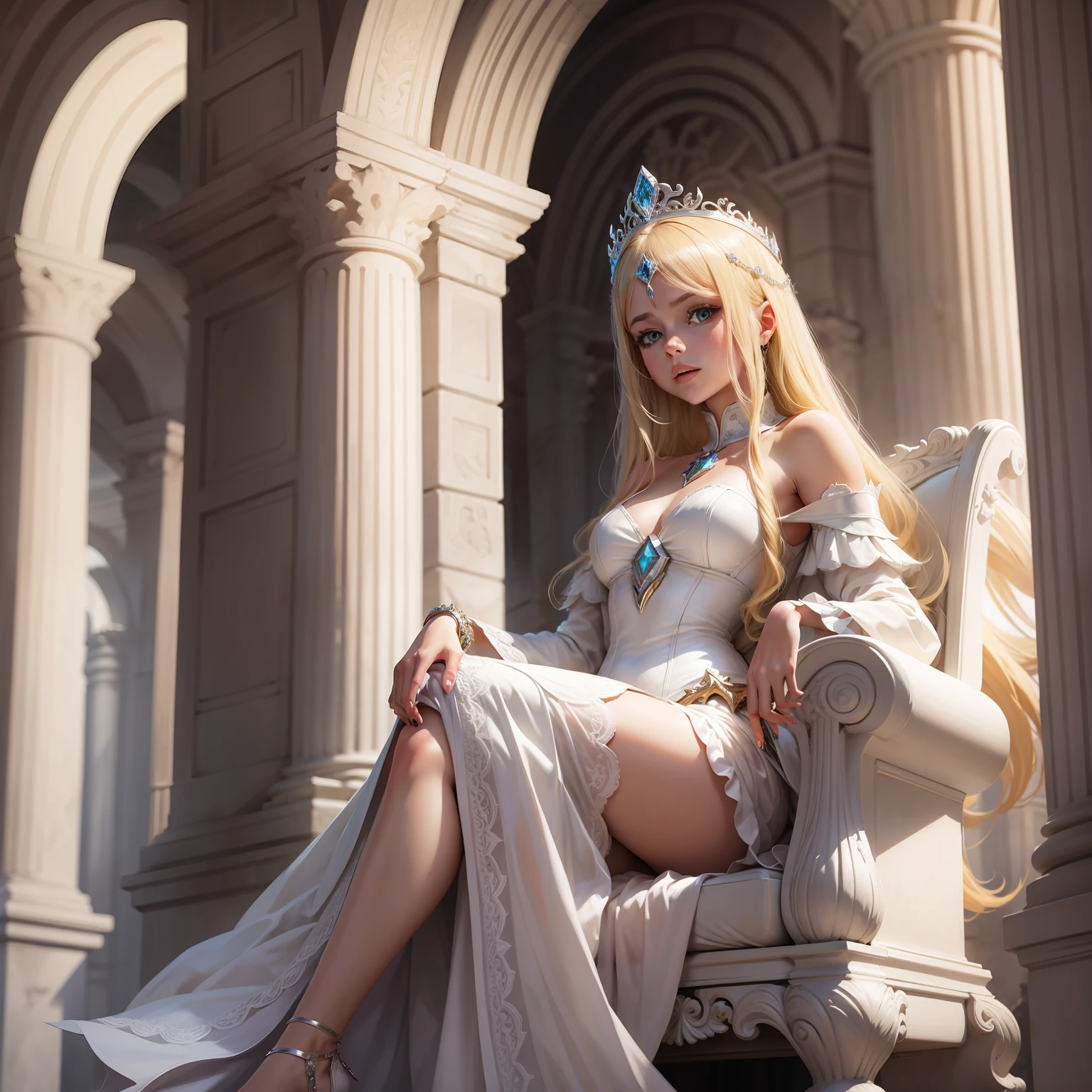 blonde girl wearing a tiara with a setron in her hand sitting on a white throne in a palace