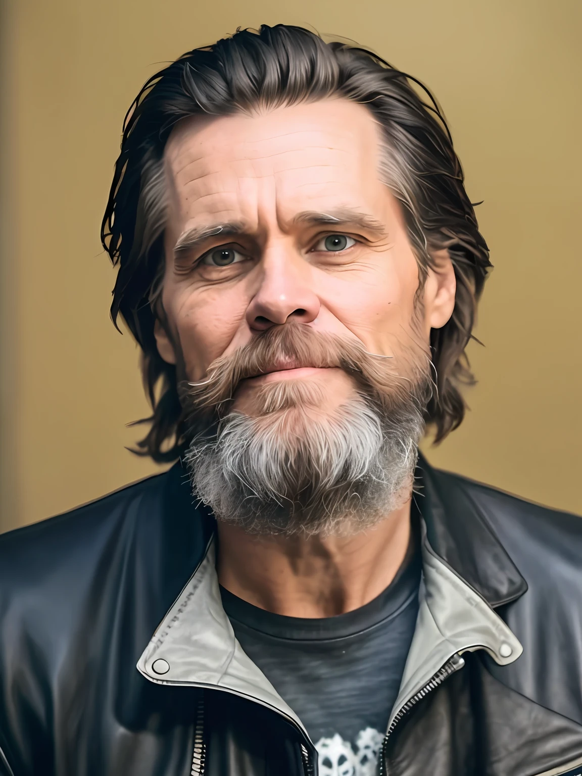 a man with a beard and a leather jacket is looking at the camera, jim carrey, jim carrey in gears of war, jim carrey as terminator, jim carrey caricature realism, jim carrey as the joker, brian wilson, he has a beard and graying hair, jeff bridges, about 3 5 years old, peter dunham, willem dafoe