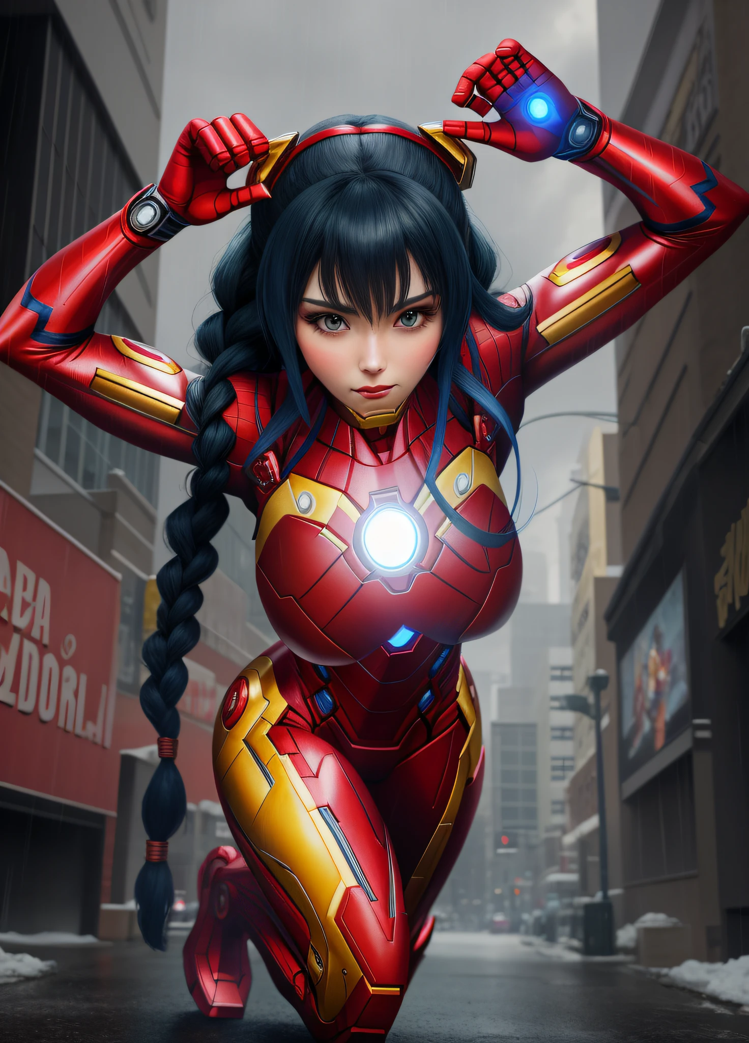 A Woman, full body photo with her feet on the ground, ((dressed as Iron Man/Spider-Man/Mega Man-X)), tight-fitting suit, immensely gigantic breasts. The woman has long blue hair with braids held by teddy bear barrettes, green eyes, this one with her fists up, her outfit has several weapons attached to her costume. The woman is looking at the viewer, flushed face, heavy makeup on her face, red lipstick. She on top of a tall building raining heavily, her hair and clothes are soaked, rape face, Anime style, anime, Mortal Kombar style, Mega Man-X style, 16k, high quality, award winning, high details, anatomically correct, masterpiece, UHD