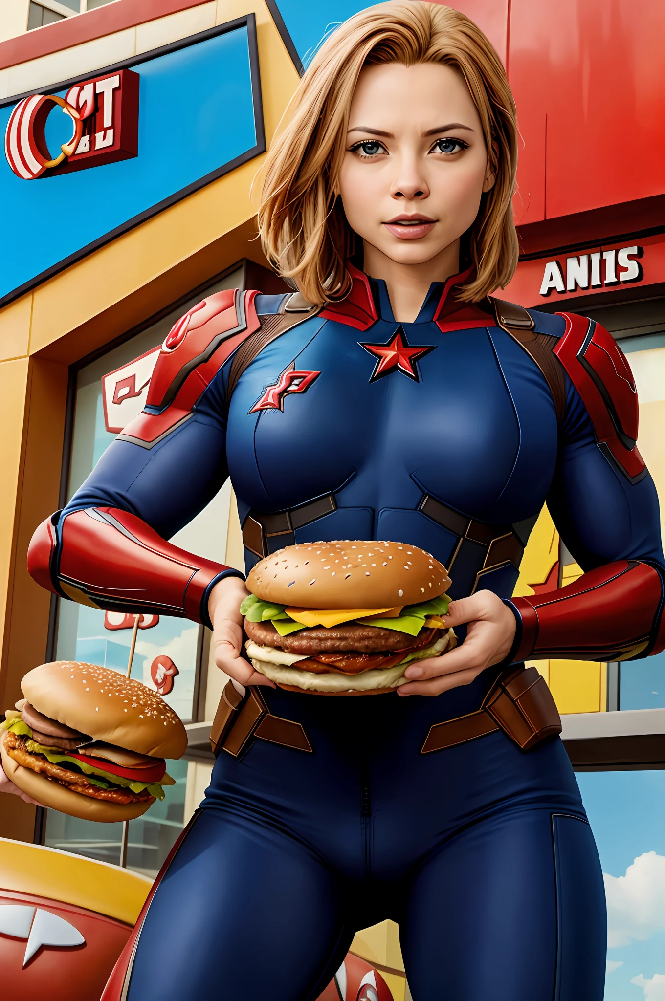 Avangers, eating Hamburger