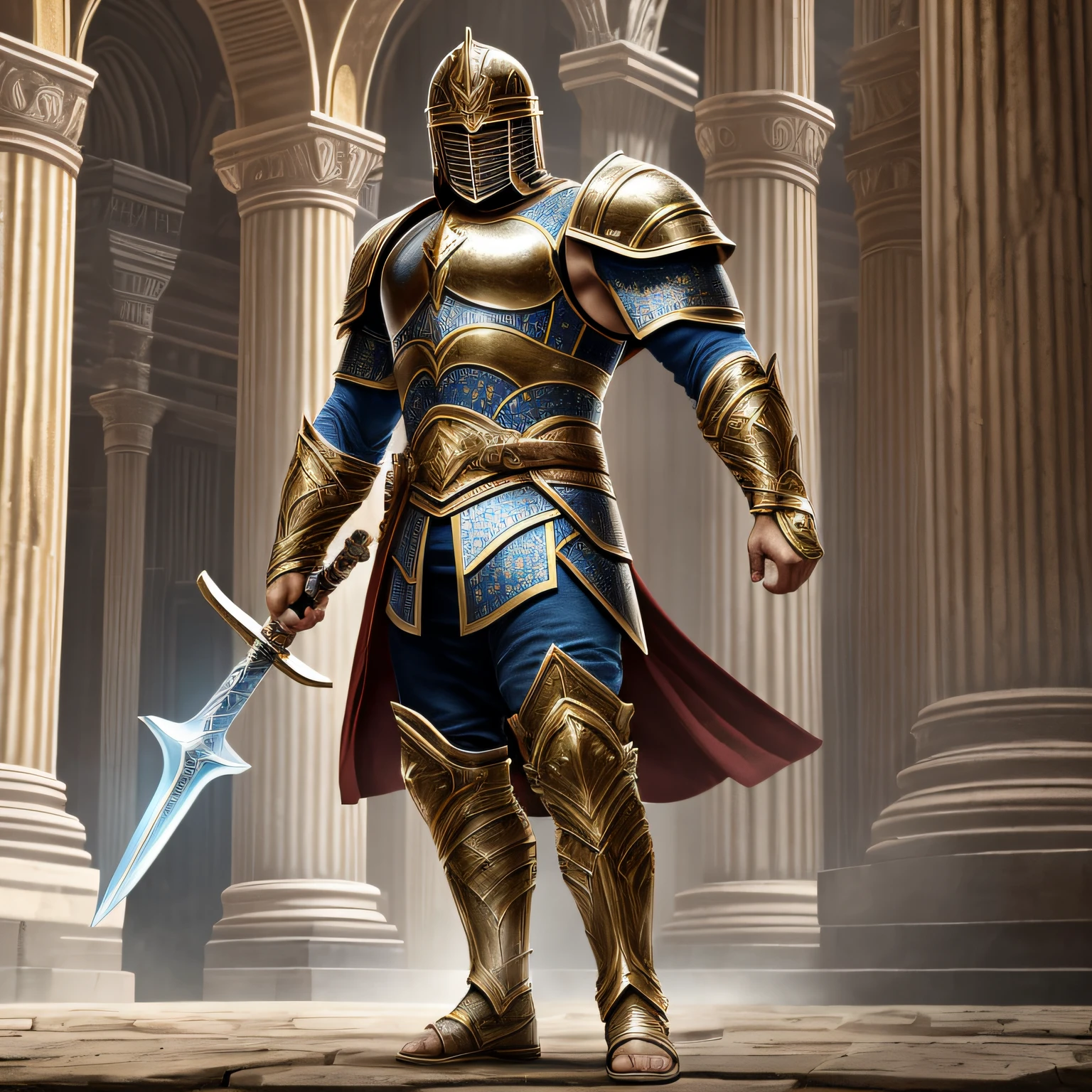 a fearless gladiator in the arena, ready for battle. he is clad in gleaming armor that covers his chest, arms, and legs, leaving his strong muscles on display. in one hand he wields a sturdy shield, while in the other he holds a sharp and imposing sword. his face is serious and focused, revealing his determination and courage. all around you, the arena is filled with eager spectators, raising their voices in anticipation of the confrontation. the arena is adorned with towering pillars and statues, adding an air of grandeur and majesty to the setting. the atmosphere is electrifying, full of tension and anticipation., masterpiece, best quality, (masterpiece), (best quality:1.4), (ultra highres:1.2), (hyperrealistic:1.4), (photorealistic:1.2) --auto --s2