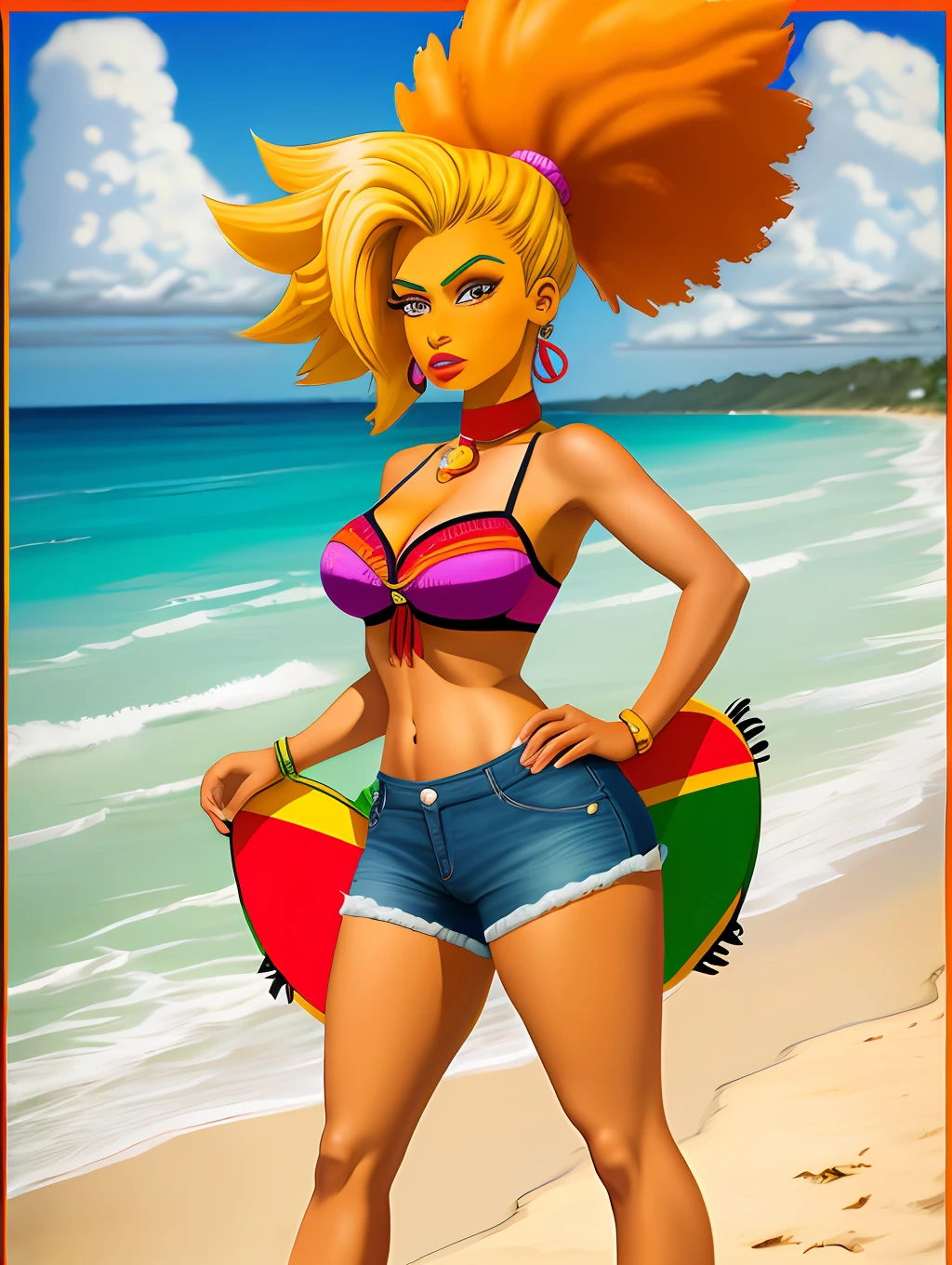 A fashionable Brazilian female super model, the simpsons, windy hair, character sheet, bright bold colors, african american, beach background