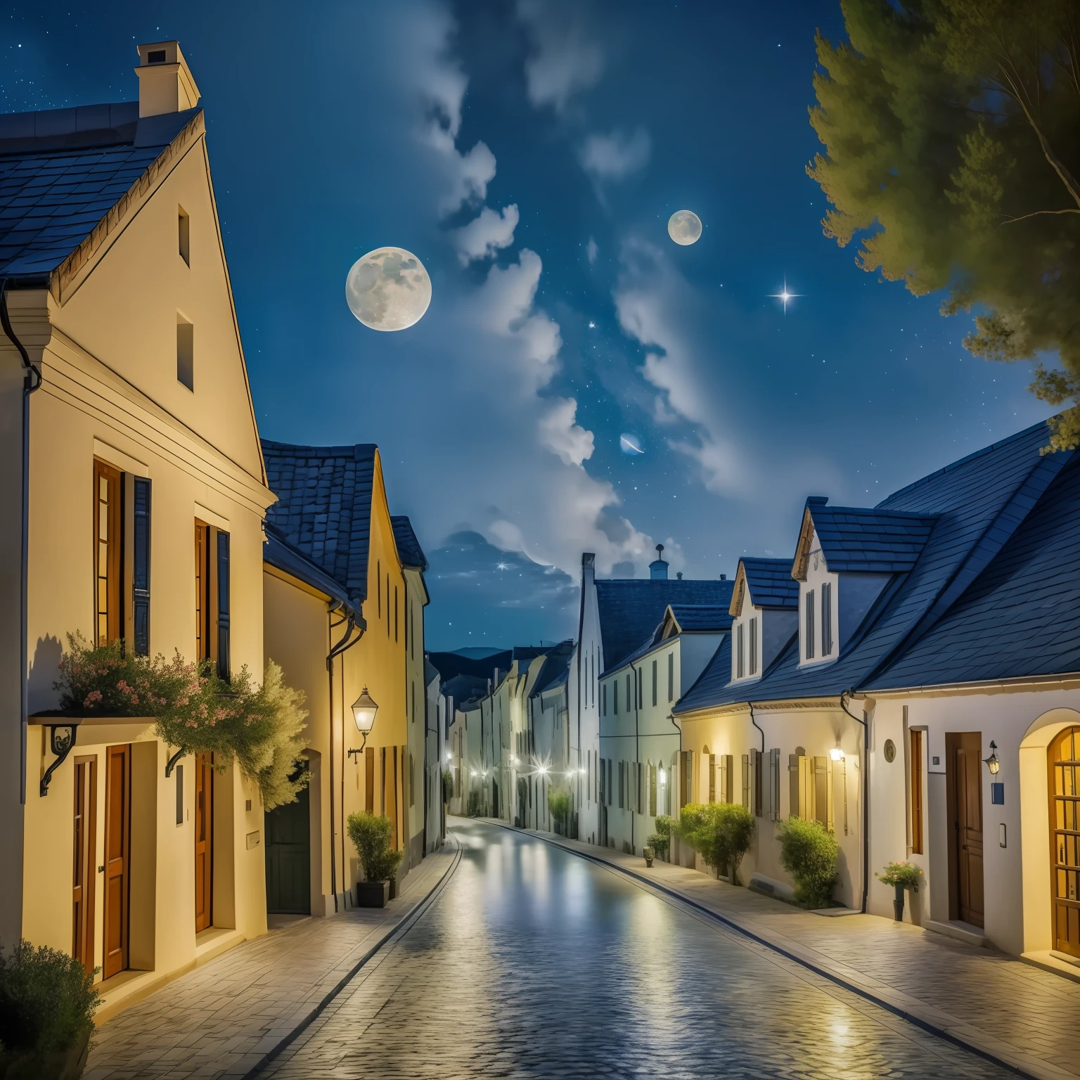 elegant watercolor VAN GOGH STYLE, a cat sitting on a tiled roof, a starry night in the style of van Gogh, the architecture of the Prussian koenigsberg, flowering trees, a magic moon, summer, Powerful, expressive strokes, dense colors, active movement in the sky, sleepy town below, above powerful streams, sensitive stars and incessant movement, Light comes from the stars and the moon, cypress trees meet between heaven and earth, fascinate