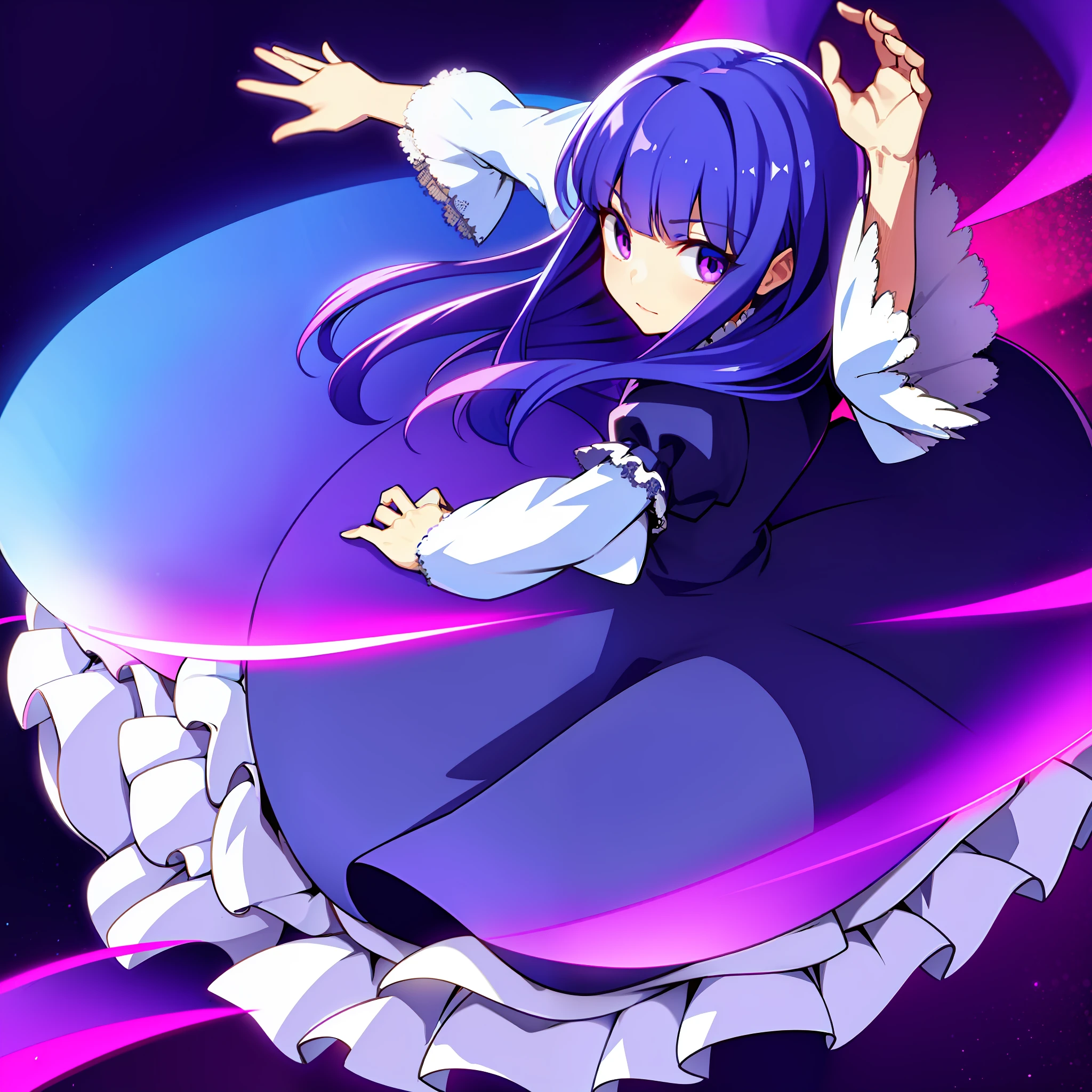 1girl, frederica bernkastel, blue hair, purple eyes, dress, detailed background, long sleeves, looking from back, dark purple space background, many prisms in background