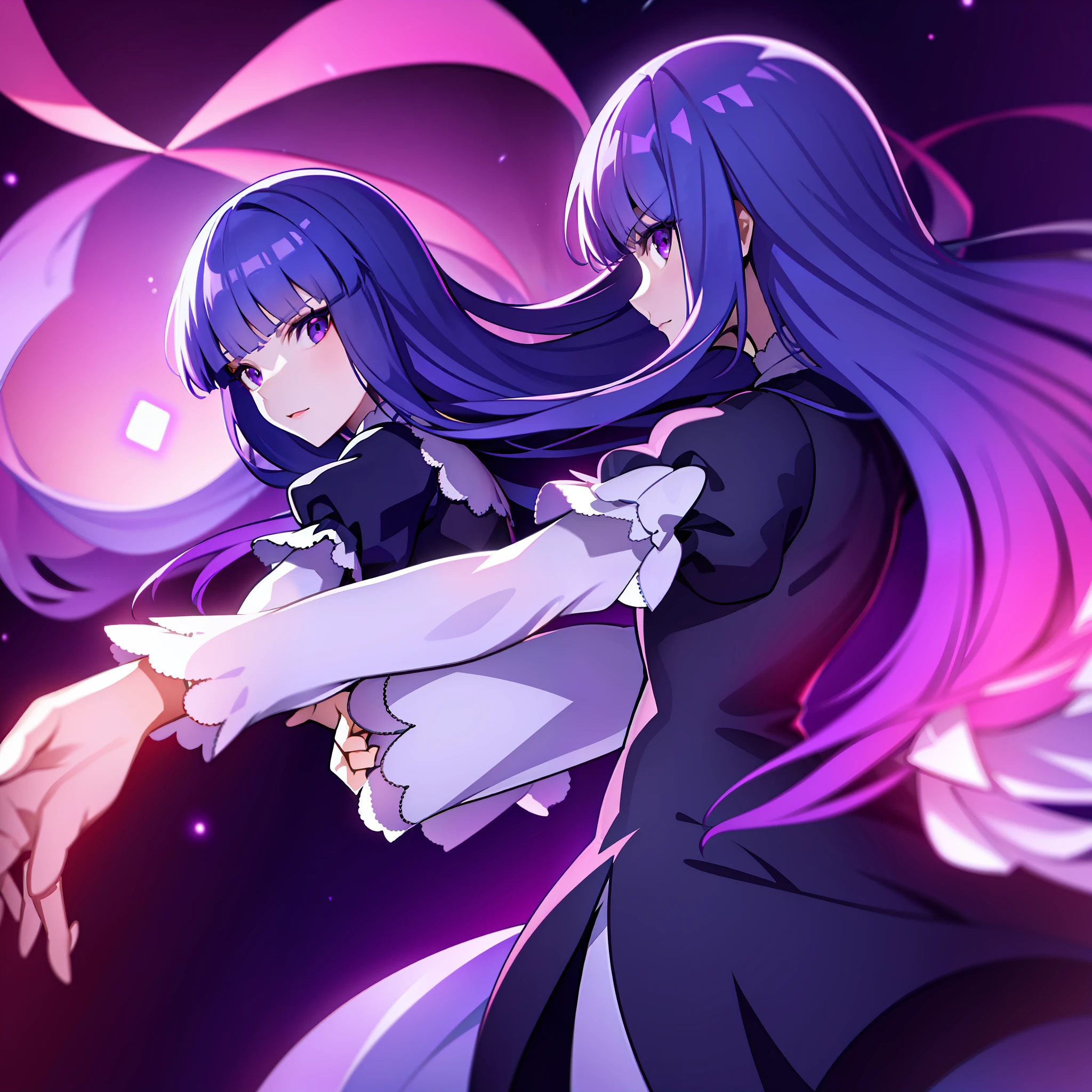 1girl, frederica bernkastel, blue hair, purple eyes, dress, detailed background, long sleeves, looking from back, dark purple space background, many prisms in background