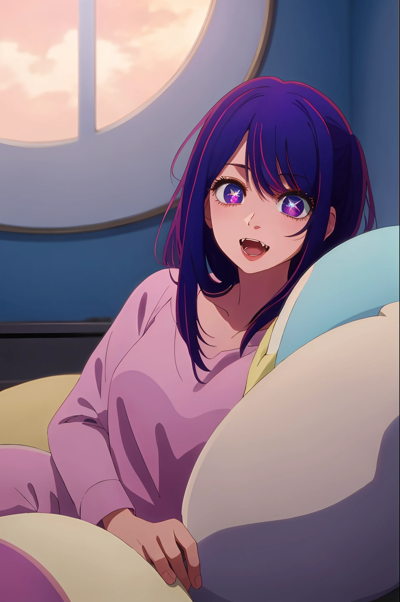 Original Character, Volumetric Lighting, Best Shadows, Shallow Depth of Field, Portrait Of Stunningly Beautiful Girl, Petite, Delicate Beautiful Attractive Face With Alluring purple Eyes, Half Closed Eyes, Thick Eyebrows, Yawning, Open Mouth, Cute Fangs, Lovely medium Breasts,  purple Hair, Blush Eyeshadow, Thick Eyelashes, Kigurumi Animal Pajamas, In The Dreamy Attic Bedroom, Sitting On Comfortable Bed, With Animal Pillows, Lovely Duvet Cover, Under The Circular Round Window, Fantastic Night Sky of Through Window, Moonlight, Milky Way, Starburst, (Highest Quality, Amazing Details:1.25), (Solo:1.3), Brilliant Colorful Paintings, star shaped eyes, star pupils