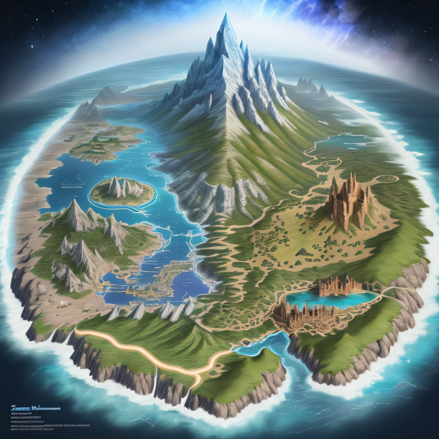 RPG continent, 4 kingdoms with cities, Hyperim "the mountaintop kingdom", Zacramenta "the ice mountain kingdom", Nipez "the gorge kingdom", Beykers "the cerrado kingdom", extremely detailed illustration, extremely faithful description, world map style