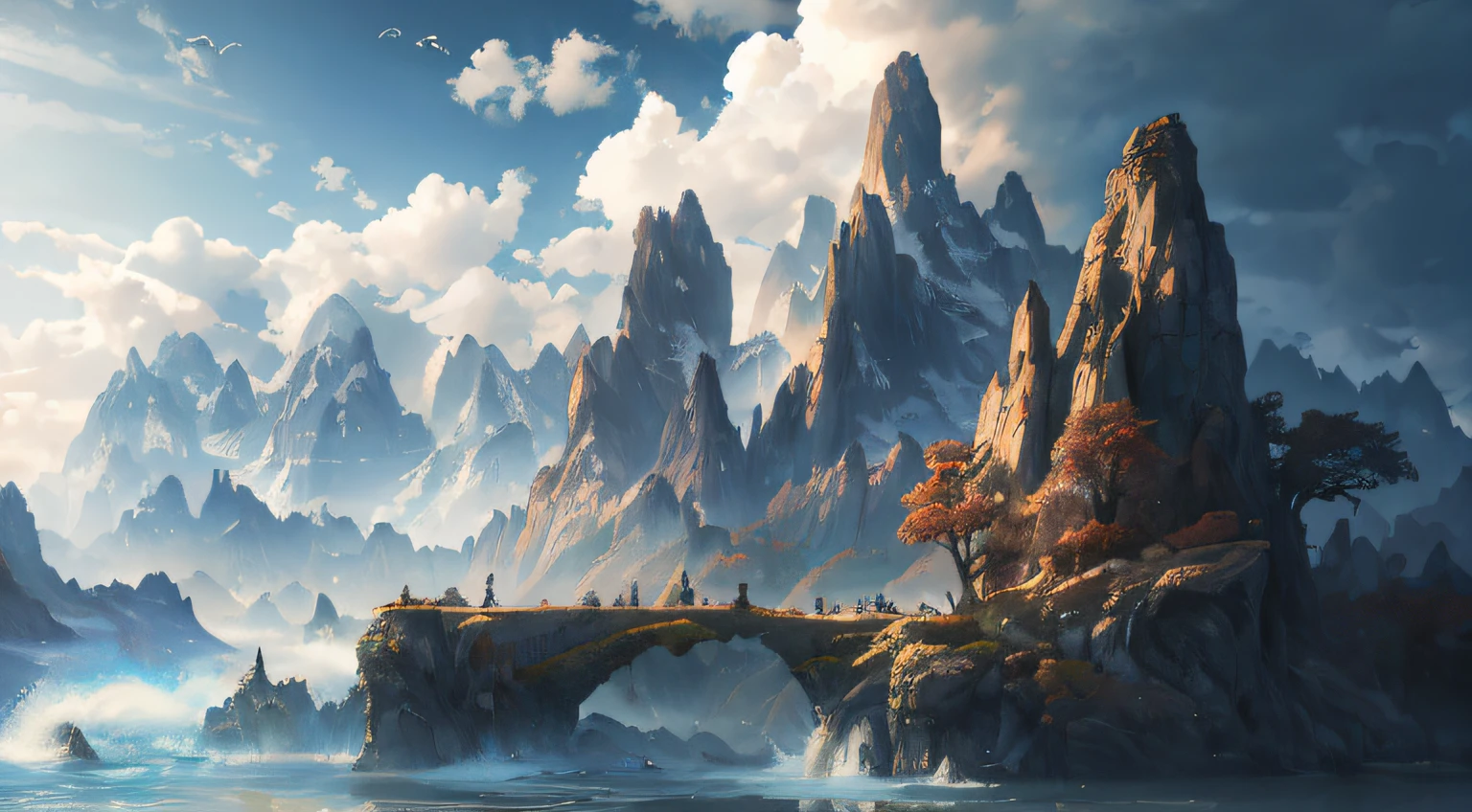 Masterpiece, best quality, high quality, extremely detailed CG unity 8k wallpaper, landscape, outdoor, sky, clouds, sky, no humans, mountain, landscape, water, tree, blue sky, waterfall, cliff, nature, lake, river , cloudy skies, award winning photography, bokeh, depth of field, HDR, bloom, chromatic aberration, photorealism, very detailed, trending on artstation, trending on CGsociety, intricate, high detail, dramatic, half way art