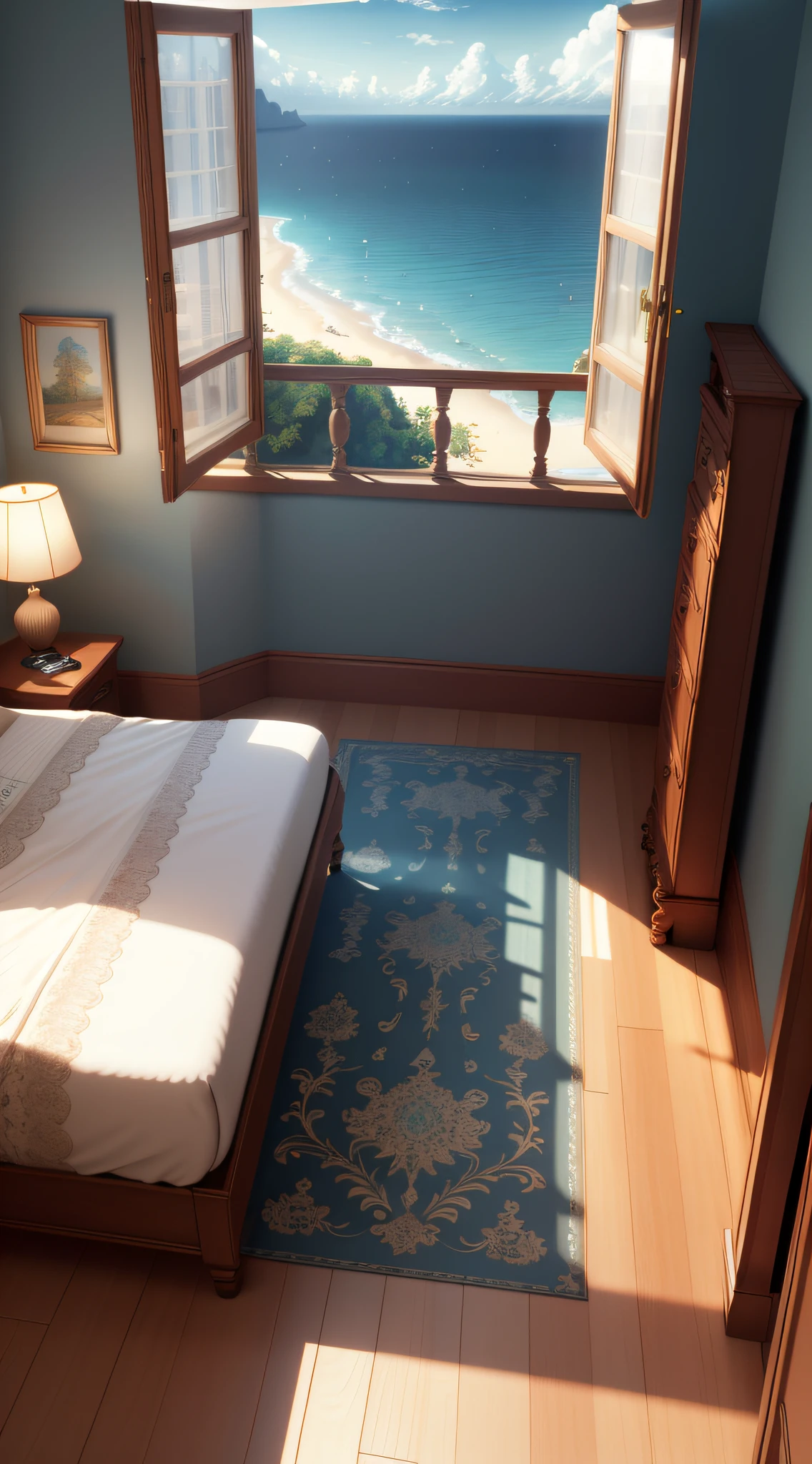 Masterpiece, best quality, (very detailed CG unified 8k wallpaper), (best quality), (best illustration), (best shadow), (Stable Diffusion Model), victorian style bedroom, looking outside the window, ocean background