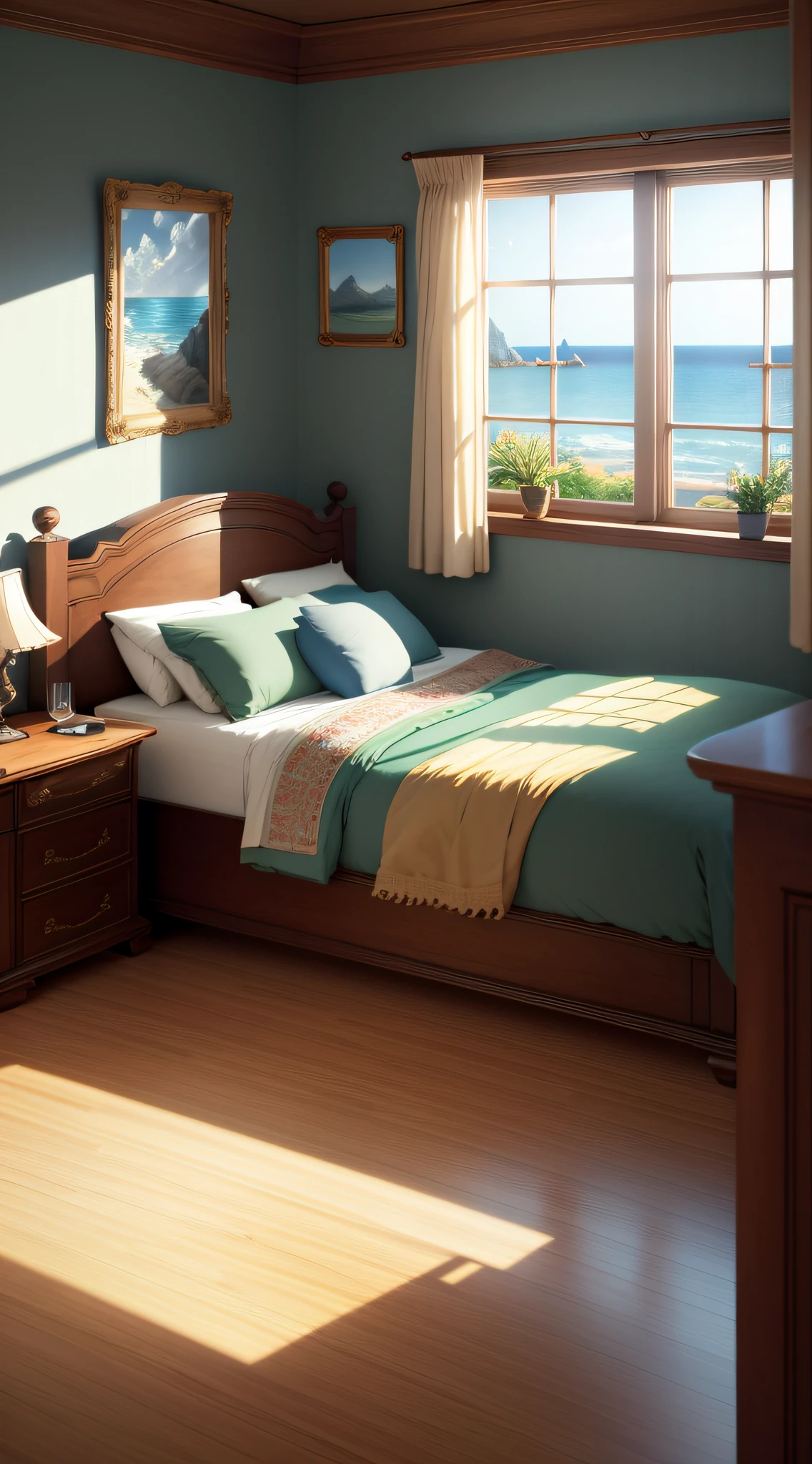 Masterpiece, best quality, (very detailed CG unified 8k wallpaper), (best quality), (best illustration), (best shadow), (Stable Diffusion Model), victorian style bedroom, looking outside the window, ocean background