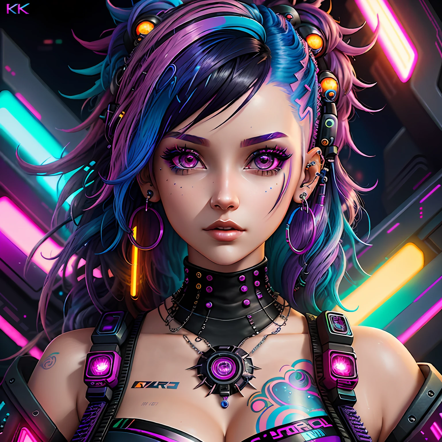 a close up of a woman with colorful hair and piercings, dreamy cyberpunk girl, 4k highly detailed digital art, stunning digital illustration, 8k stunning artwork, colorfull digital fantasy art, colorful and dark, beautiful digital artwork, colorful digital painting, digital cyberpunk anime art, glowwave girl portrait, 8k hd wallpaper digital art, gorgeous digital painting