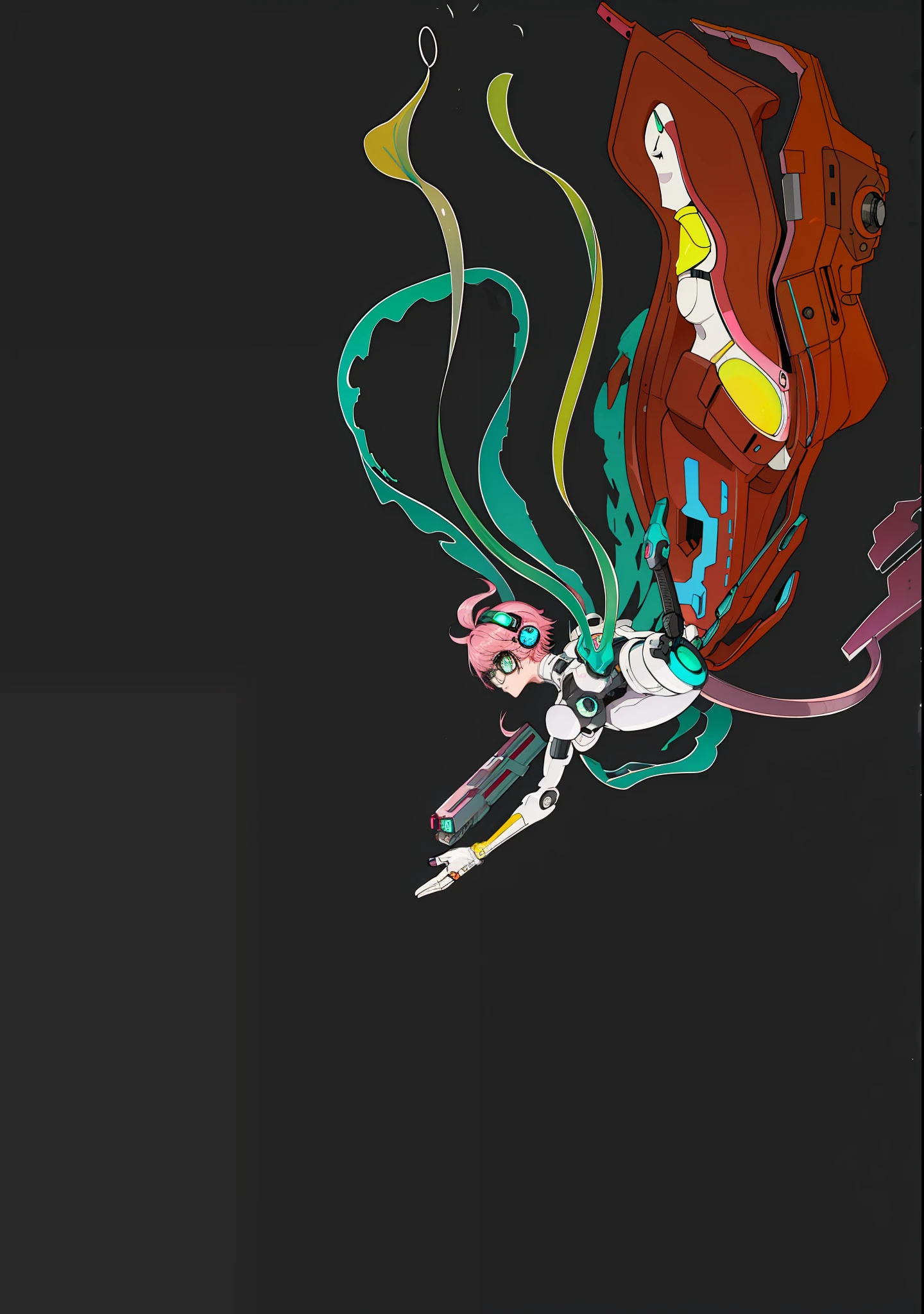 1girl, close-up, intricate details, (cyberpunk: 1.4), from behind, ass, robotic arm, glasses, messy hair, (shiny neon armor: 1.2), machine, black background, large, pink hair, robot, drone, car