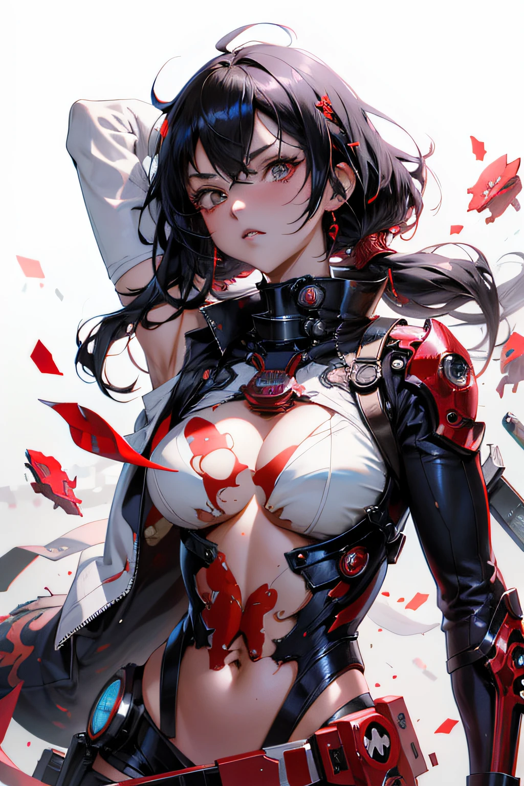 anime girl with red and black hair and a black and white outfit, best anime 4k konachan wallpaper, badass anime 8 k, detailed digital anime art, guweiz on pixiv artstation, guweiz on artstation pixiv, by Yang J, anime style 4 k, detailed anime artwork, biomechanical oppai, guweiz