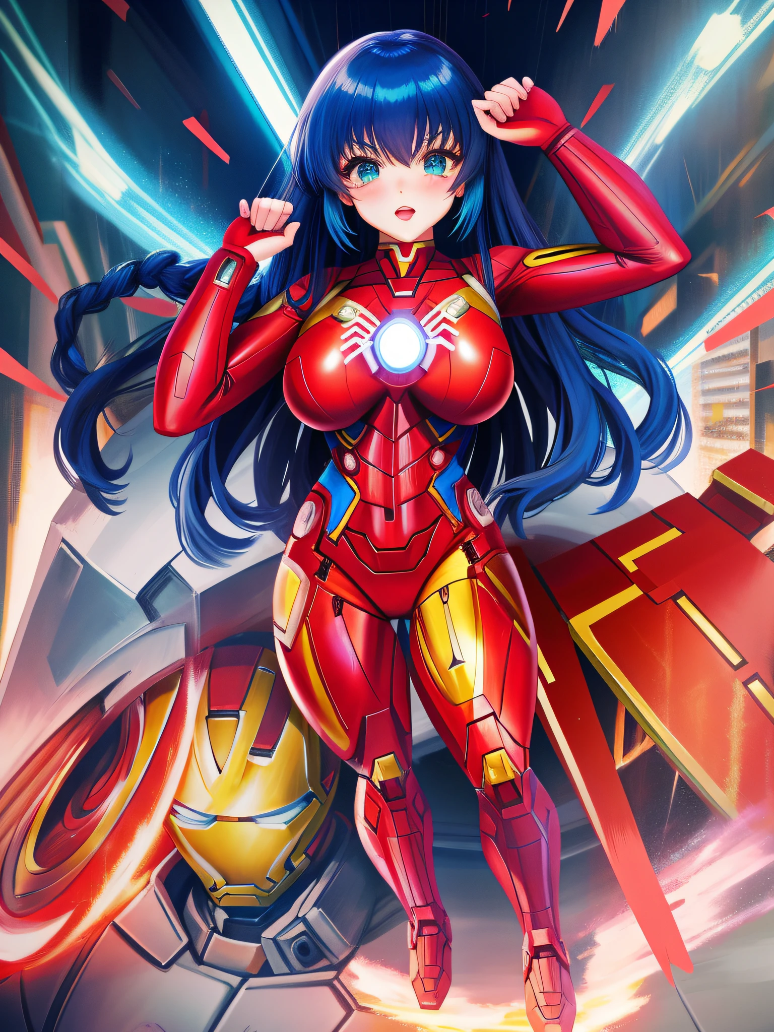 A Woman, full body photo with her feet on the ground, ((dressed as Iron Man/Spider-Man/Mega Man-X)), tight-fitting suit, immensely gigantic breasts. The woman has long blue hair with braids held by teddy bear barrettes, green eyes, this one with her fists up, her outfit has several weapons attached to her costume. The woman is looking at the viewer, flushed face, heavy makeup on her face, red lipstick. She on top of a tall building raining heavily, her hair and clothes are soaked, rape face, Anime style, anime, Mortal Kombar style, Mega Man-X style, 16k, high quality, award winning, high details, anatomically correct, masterpiece, UHD