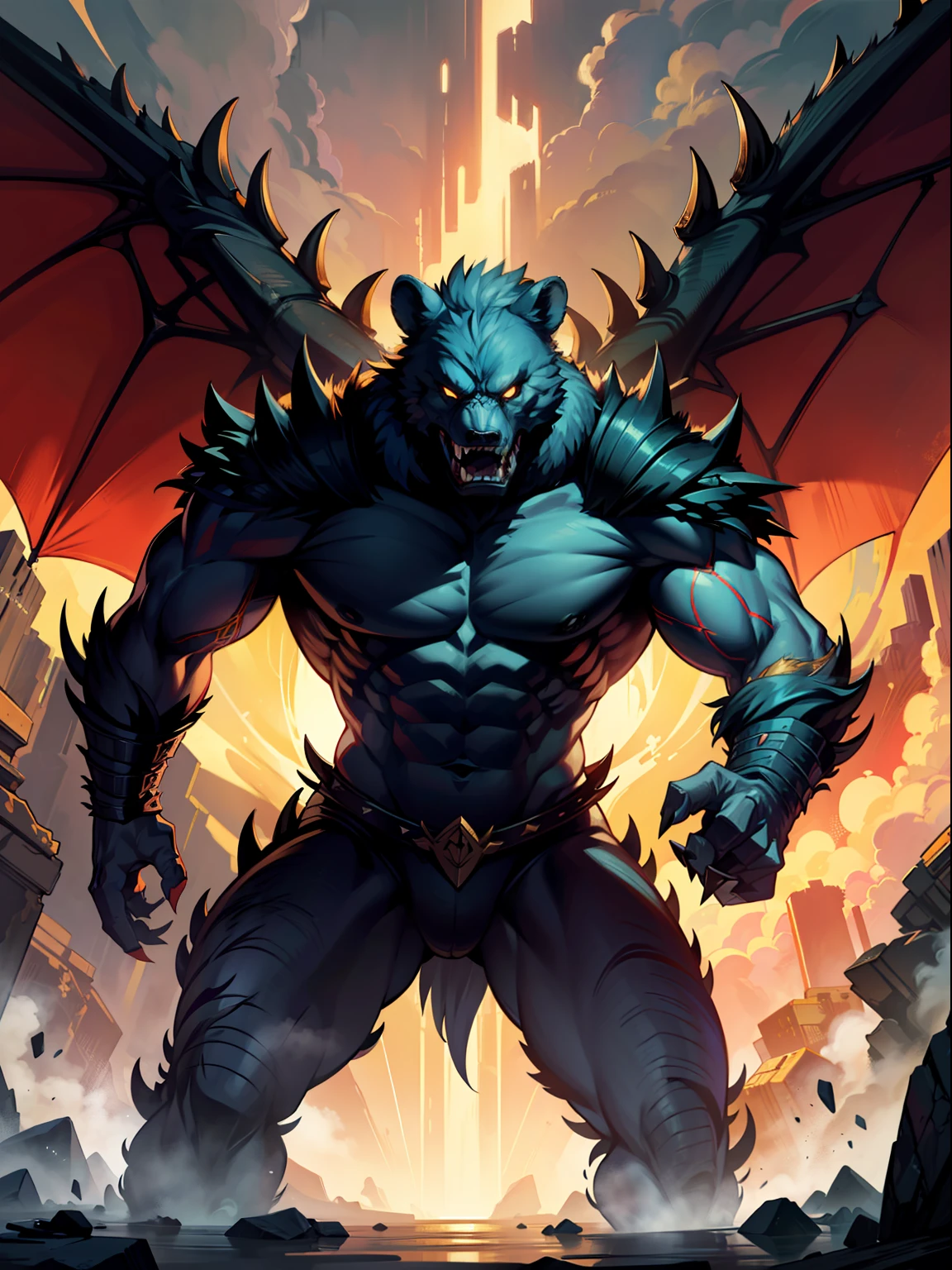 bear-like monster,sharp teeth, brute strength, spines on the back, sharp claws, pointed hair on the forearms, ultra detailed monster, (background with destruction effect: 1.2), , giant monster illustration with sharp claws, adhesive art, , full of color, intricate detail, golden aspect ratio illustration, monochrome, best quality, high quality, best quality, high resolution, amazing bright lighting,  detail enhancement, detail enhancement, best quality, high quality, detail enhancement,