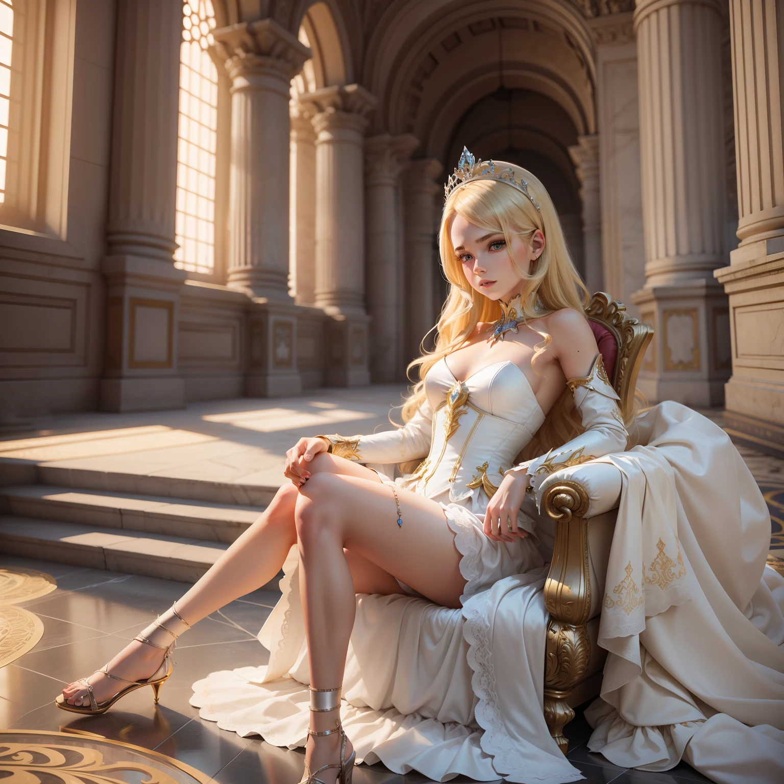 blonde girl wearing a tiara with a setron in her hand sitting on a white throne in a palace, realistic and artistic 3d image