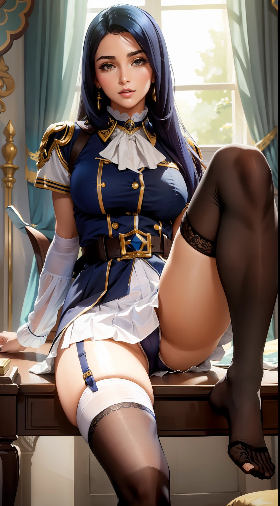 (masterpiece, best quality), intricate details,
1girl, c41t, uniform exposed, 1girl, casual clothing, intricate detail , sexy pose , 9:16 , beautiful thighs , Caitlyn Kiramman , beautiful feet , big cup size , white stockings , legs up , visible panties , see trough panties