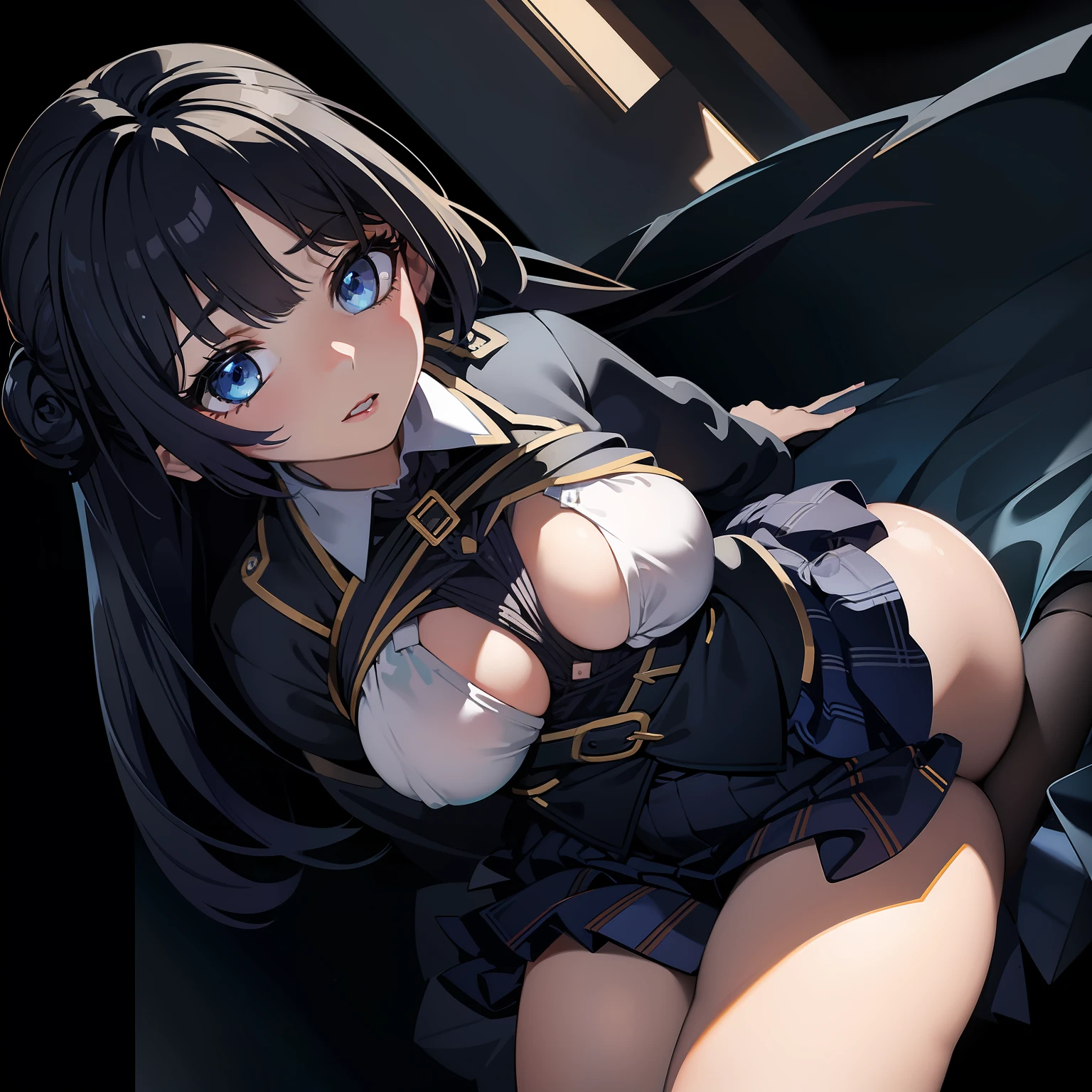 masterpiece: 1.2), best quality, high resolution, unity 8k wallpaper, (illustration: 1.0),1girl, beautiful detailed, extremely detailed, perfect lighting, extremely detailed CG, bright eyes, (Raven's Cosplay), blue eyes, global ray tracing, large breasts, mini-skirt, large_ass, looking at viewer, solo, perspective,