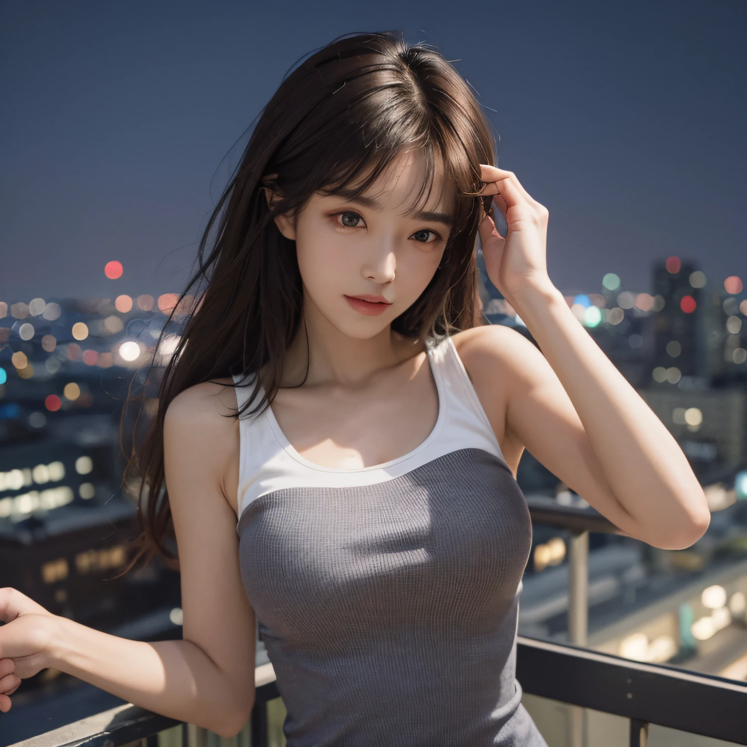 ((Midnight, Best quality, 8k, Masterpiece :1.3)), Whole body, Long legs, Sharp focus :1.2, A pretty woman with perfect figure :1.4, Slender abs :1.1, ((Dark brown hair, Big breasts :1.2)), (White tight tshirt, Jean bib, Standing:1.2), ((Night city view, Rooftop:1.3)), Highly detailed face and skin texture, Detailed eyes, Double eyelid --auto --s2