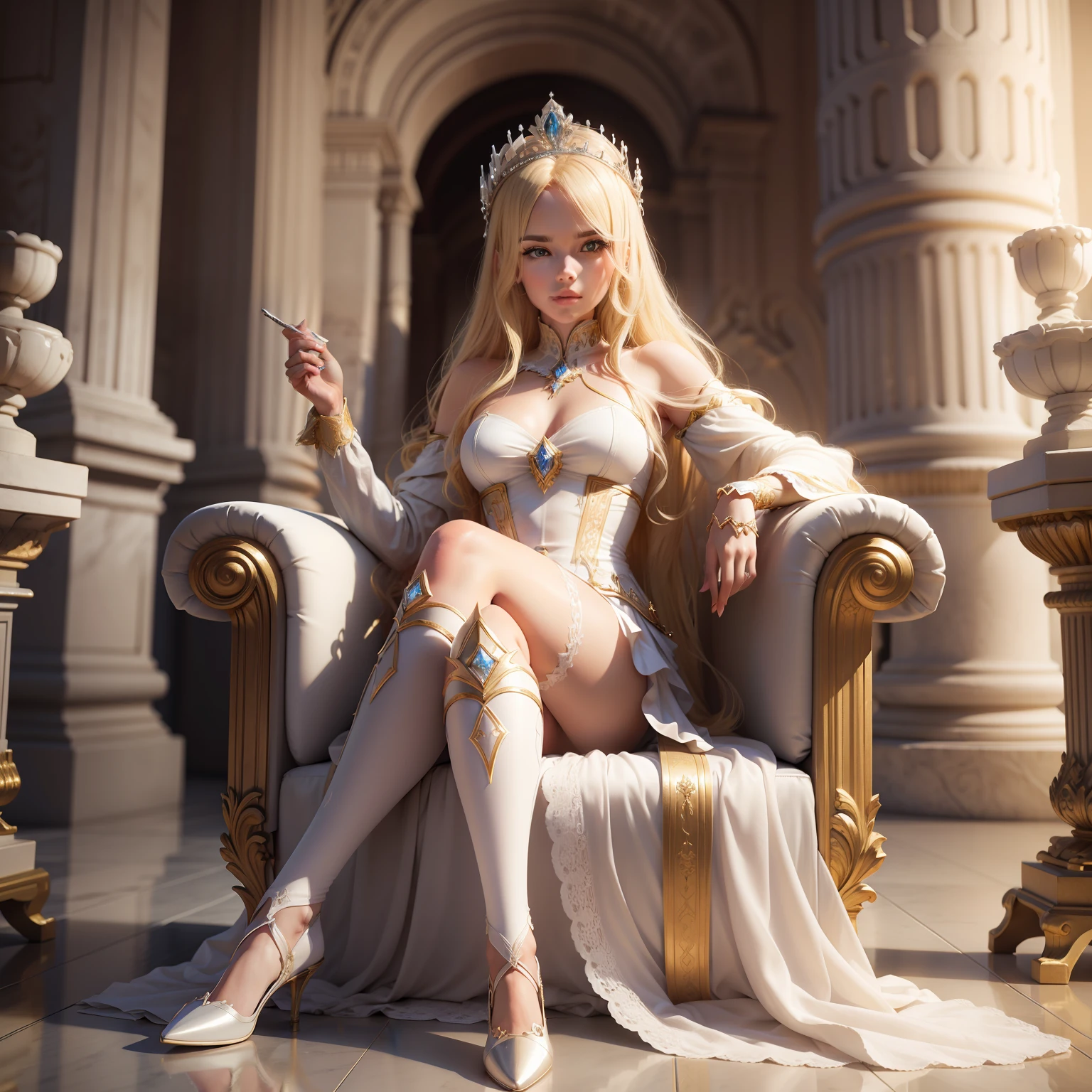 blonde girl wearing a tiara with a setron in her hand sitting on a white throne in a palace, realistic and artistic 3d image