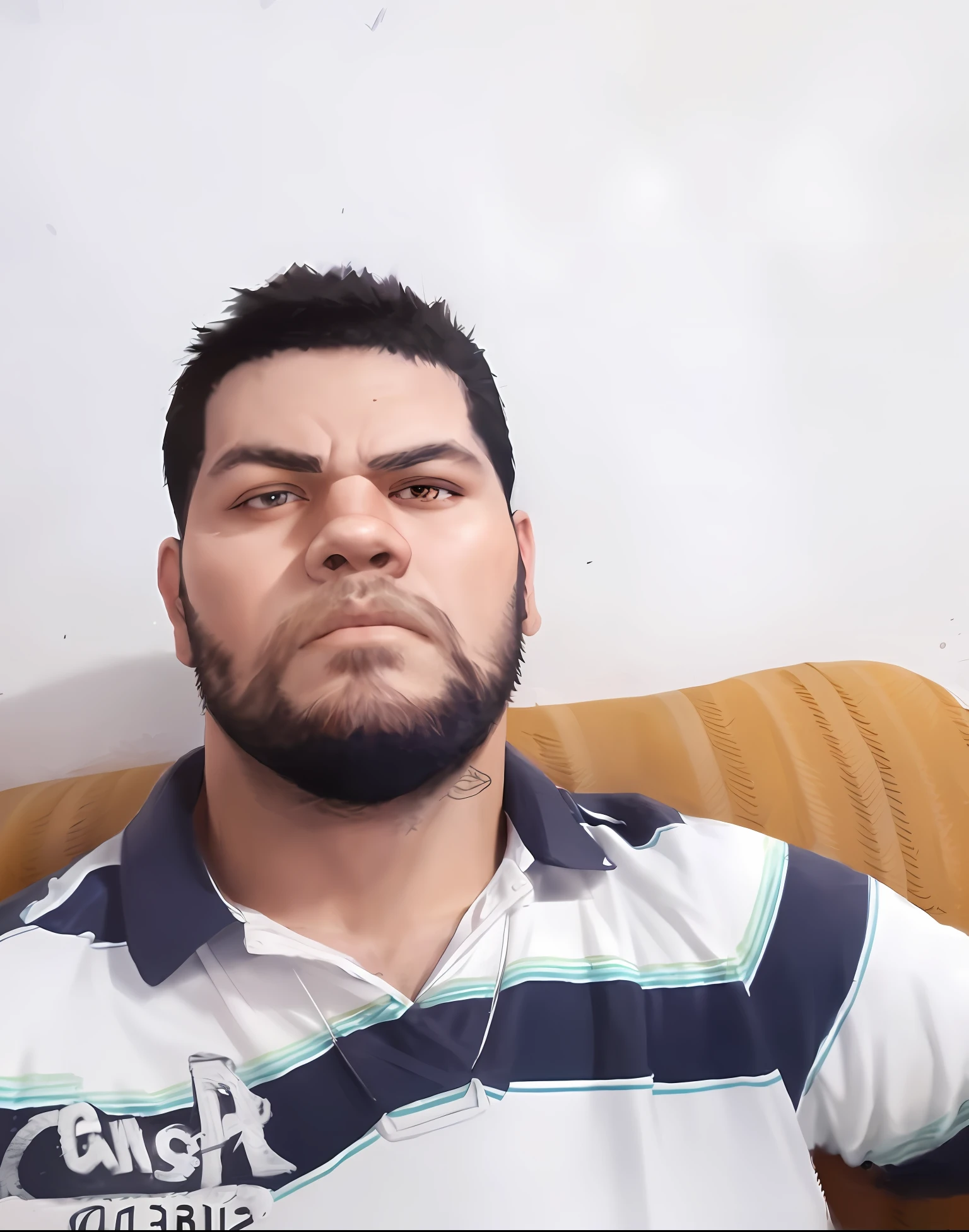 28-year-old man with beard, GTA San Andreas black eyes, serious looking at the viewer, solo, upper body, ((masterpiece)), (best quality), (extremely detailed), depth of field, sketch, intense dark shadows, sharp focus, soft lighting, hdr, colorful, good composition, spectacular, closed shirt, anime screenshot
