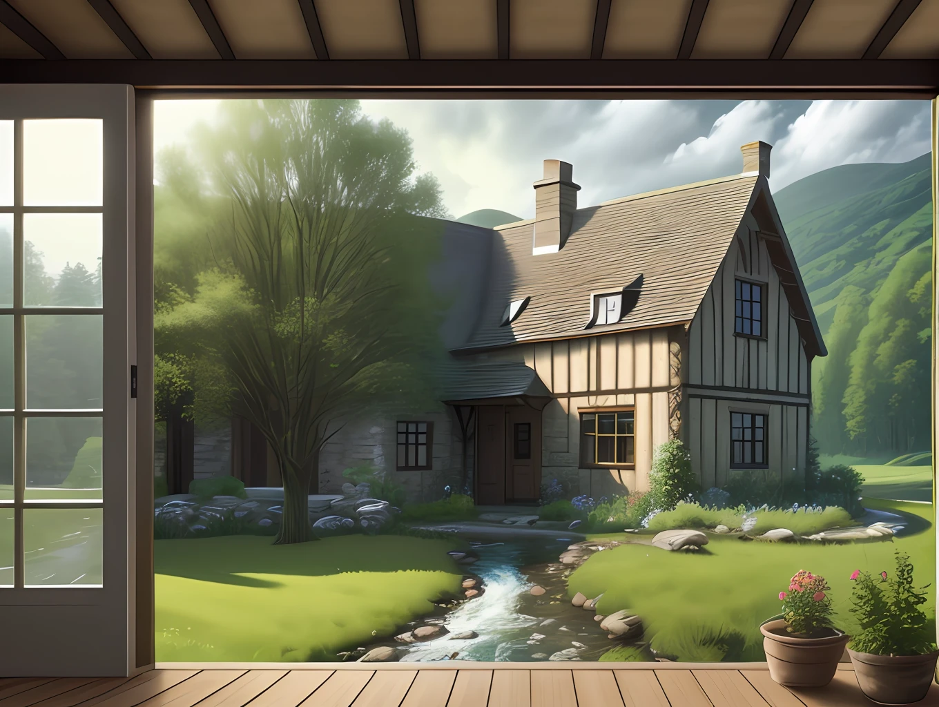 Country house, windows, door, tiles, stream, trees, hills, ultra realistic, 8k