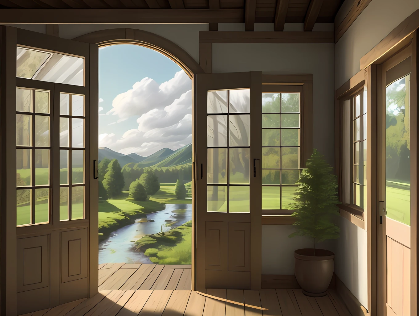Country house, windows, door, tiles, stream, trees, hills, ultra realistic, 8k