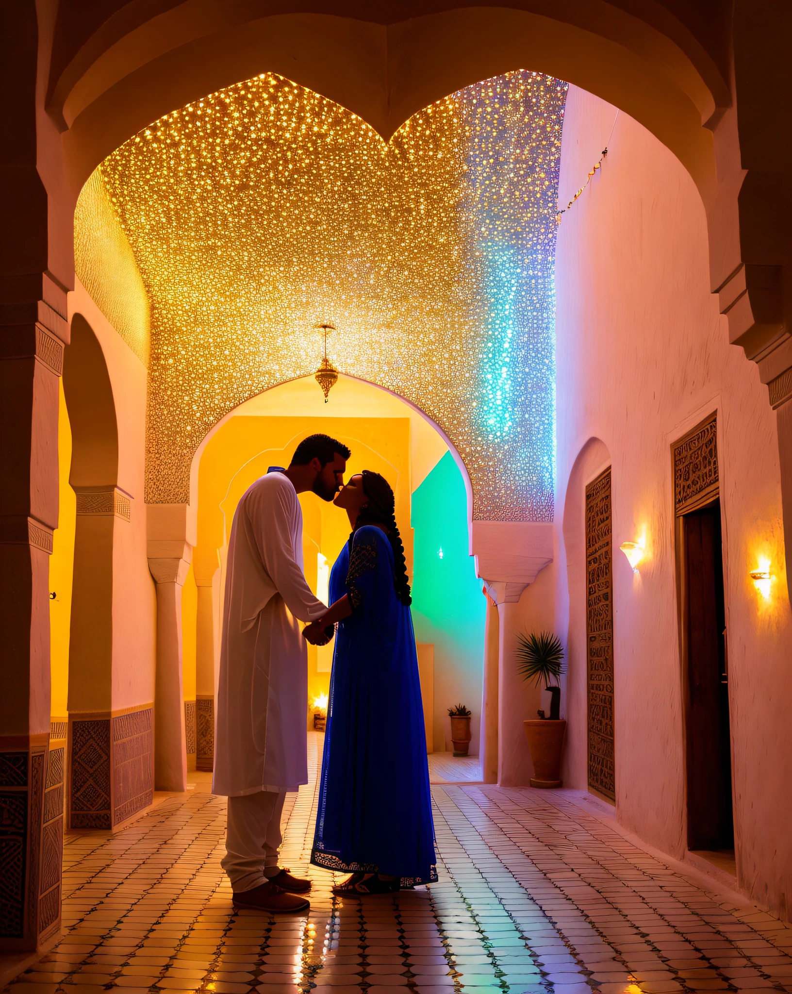 ((((Ouarzazate)))), ((((chefchaouen)))), (((walking from behind))), ((((soulmates man and woman holding hands)))), ((((with man)))), ((handsome Moroccan man)) photo of alluring Abigail beautiful, (woman and man together), sparkling splashing rainbows, curvy, dimples, (((clear straight even bright eyes))), (((viking braids))), flowing, glistening, iridescent sheer dress (hooded kaftan abaya), riad fountain, glimmering, crystal jewels, shimmering, glowing flowers, (floating flowers), (masterpiece) (best quality) (detailed) (8k) (HDR) (wallpaper) (cinematic lighting) (sharp focus) (intricate) opalescent, Photoluminescence, treasure, mystical, fantasy, exotic lights, gems, Moroccan candles, sunrays, ((desert oasis)), Ouzoud waterfalls, Tastir, arabesque, safi, sanddunes, sand, palm trees, opalescent, (Photoluminescence lights), (gems growing), glowing desert flowers, fantasy, clear, Cinematic RAW photo, hyper real photo, ultrarealistic, 8k uhd, dslr, soft lighting, high quality, film grain, Fujifilm XT3, photographed on a Kodak Retina II Sanyo Xacti VPC-CA6, 50mm lens, Wide Angle, HDR, hyper-realistic, colorgraded, volumetric lighting, [volumetric fog, moist], shallow depth of field, reflections, photo, (sparkling) splashing rainbows, glistening, (iridescent), glowing, glimmering, crystals, ((secret treasure in it)), mystical, enchanting, glittering, Moroccan, mist, wish, longing to be together with man love, ((true love)), (((husband and wife))), romantic, (((man and woman couple))) (((riad Moroccan bed))), (((male and female relationship only))) ((((heterosexual couple)))) (with man) twinflame, ((male and female)) handsome Moroccan man (((with male))) ((relationship with man)), ((man hugging and kissing)), ((boyfriend)), traditional, love marriage, i love him