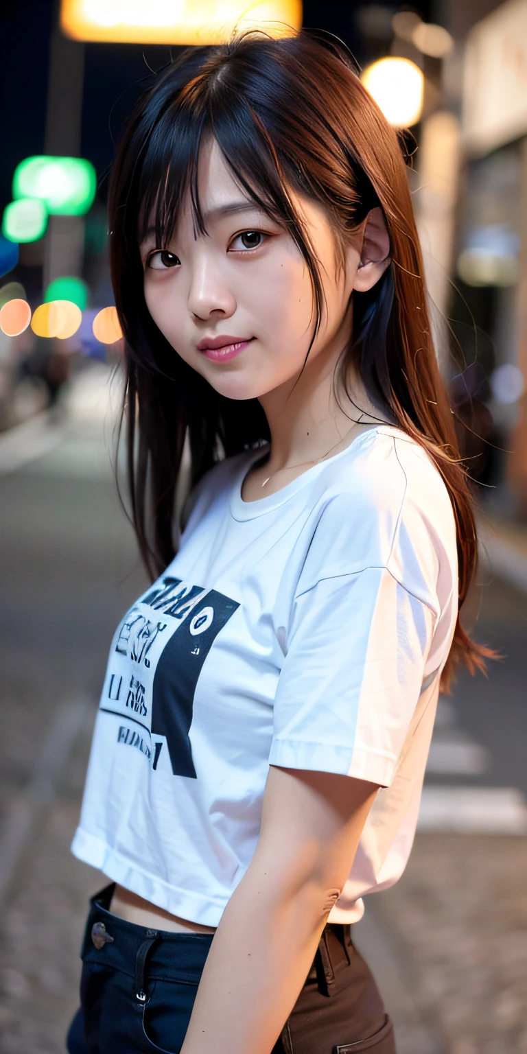 1 girl, Tokyo street, night, cityscape, city lights, upper body, close-up, smile, t-shirt, (8k, RAW photo, top quality, masterpiece: 1.2), (real, photoreal: 1.37),