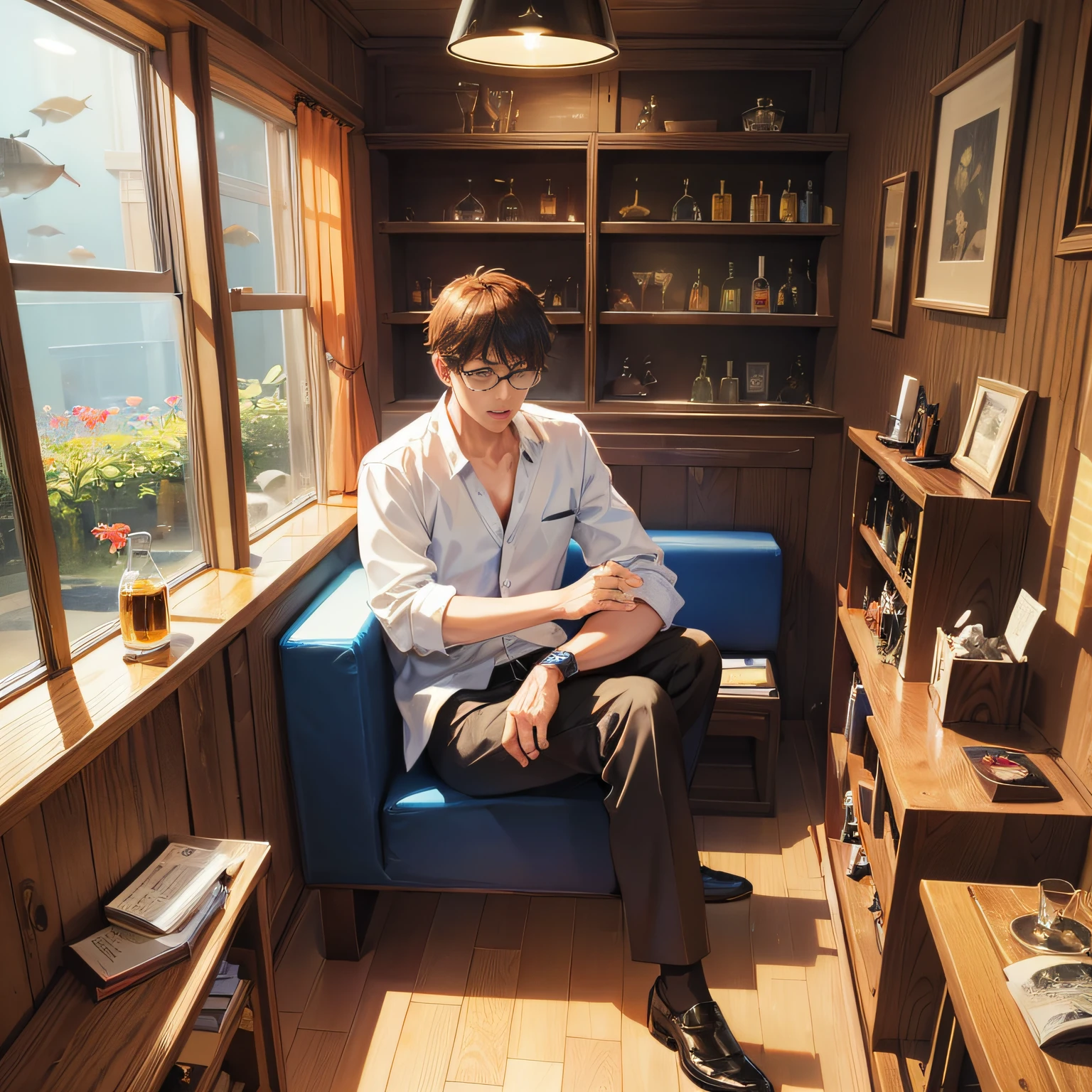 Japan man, super definition, photo, 4K, cinematic, age 54 years old, naked eye, short hair, sitting on sofa, profession carpenter, whiskey lover, liquor lover, 2 meters aquarium in the room, nature aquarium inside, Scotch whiskey on the whiskey shelf, glass with a highball on the corner of the aquarium --auto --s2