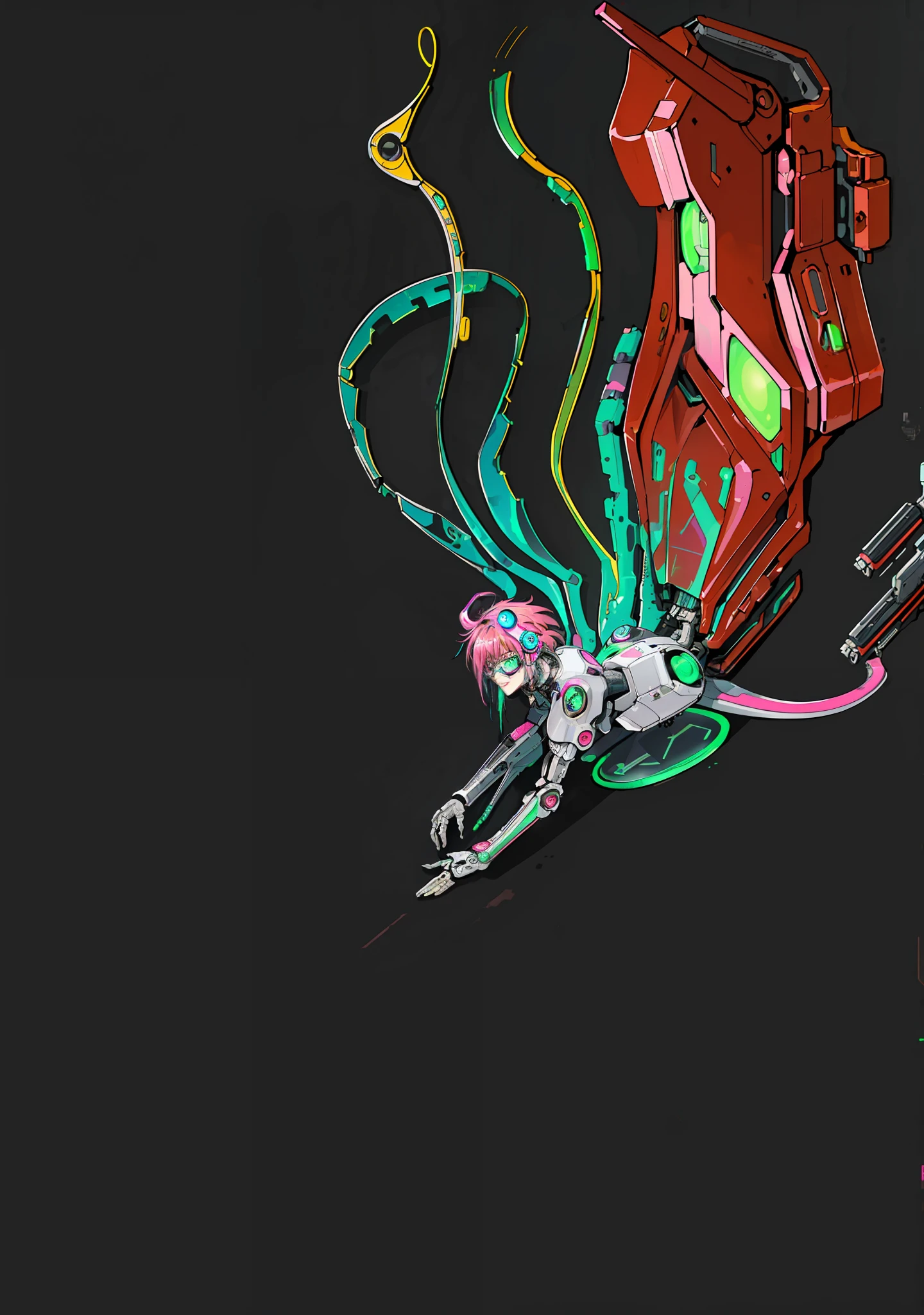 ((1girl, close-up, intricate details, (cyberpunk:1.4), robotic arm, glasses, messy hair, (shiny neon armor: 1.2), machine, , large, pink hair, robot, drone, car)), neon city background, mechanical city