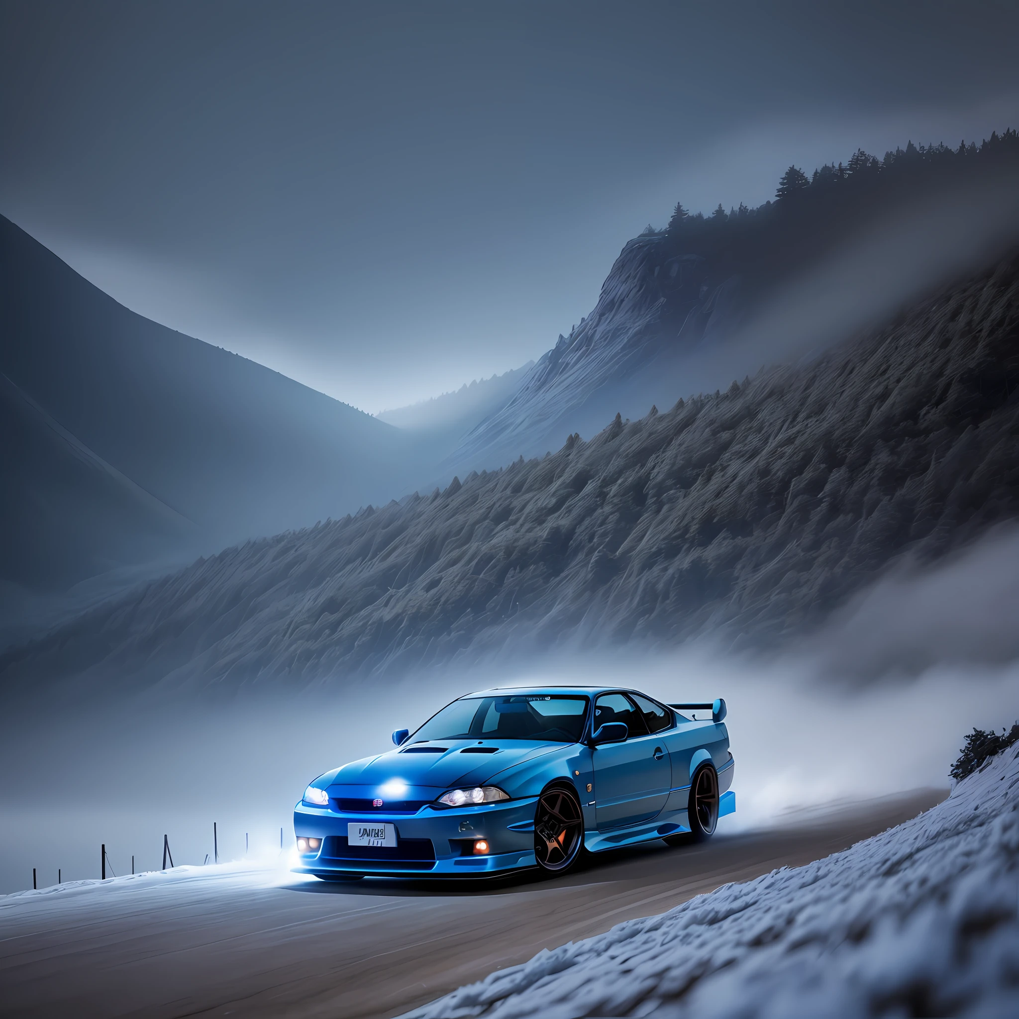 Nissan silvia s15 with body kit libert walk on the mountain at night with fog and blooming blue light