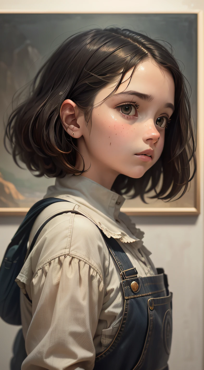 ((best quality), (masterpiece), (detailed)), A portrait of an adorable girl in the style of John White, showing realistic movement. The composition captures the confident demeanor and adventurous spirit. His subtle features are meticulously rendered, highlighting the intensity in his eyes and the determination in his face. The lighting accentuates the play of shadows and highlights, adding depth and dimension to the portrait. The background could depict a subtle landscape that hinted at the vast uncharted territories. The overall atmosphere is one of authenticity and meticulous attention to detail, reminiscent of John White's artistic style. The camera angle for this photo would be a slightly tilted three-quarter view, capturing the profile and emphasizing its strong presence.