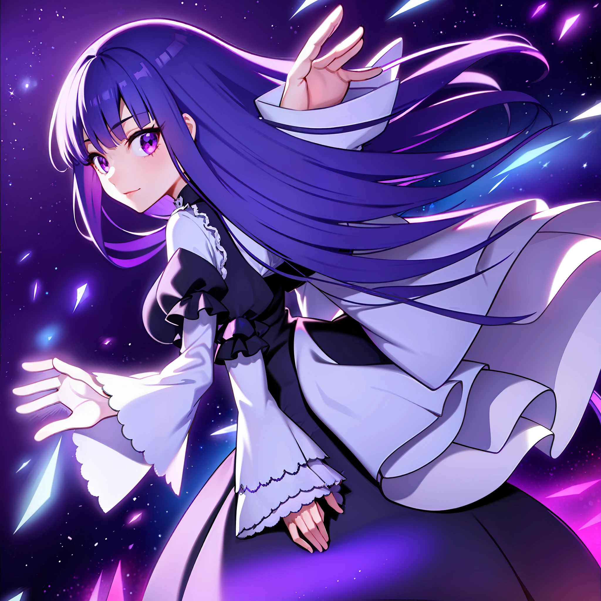 1girl, frederica bernkastel, blue hair, purple eyes, dress, detailed background, long sleeves, looking from back, dark purple space background, many crystal prisms in background, dead eyes