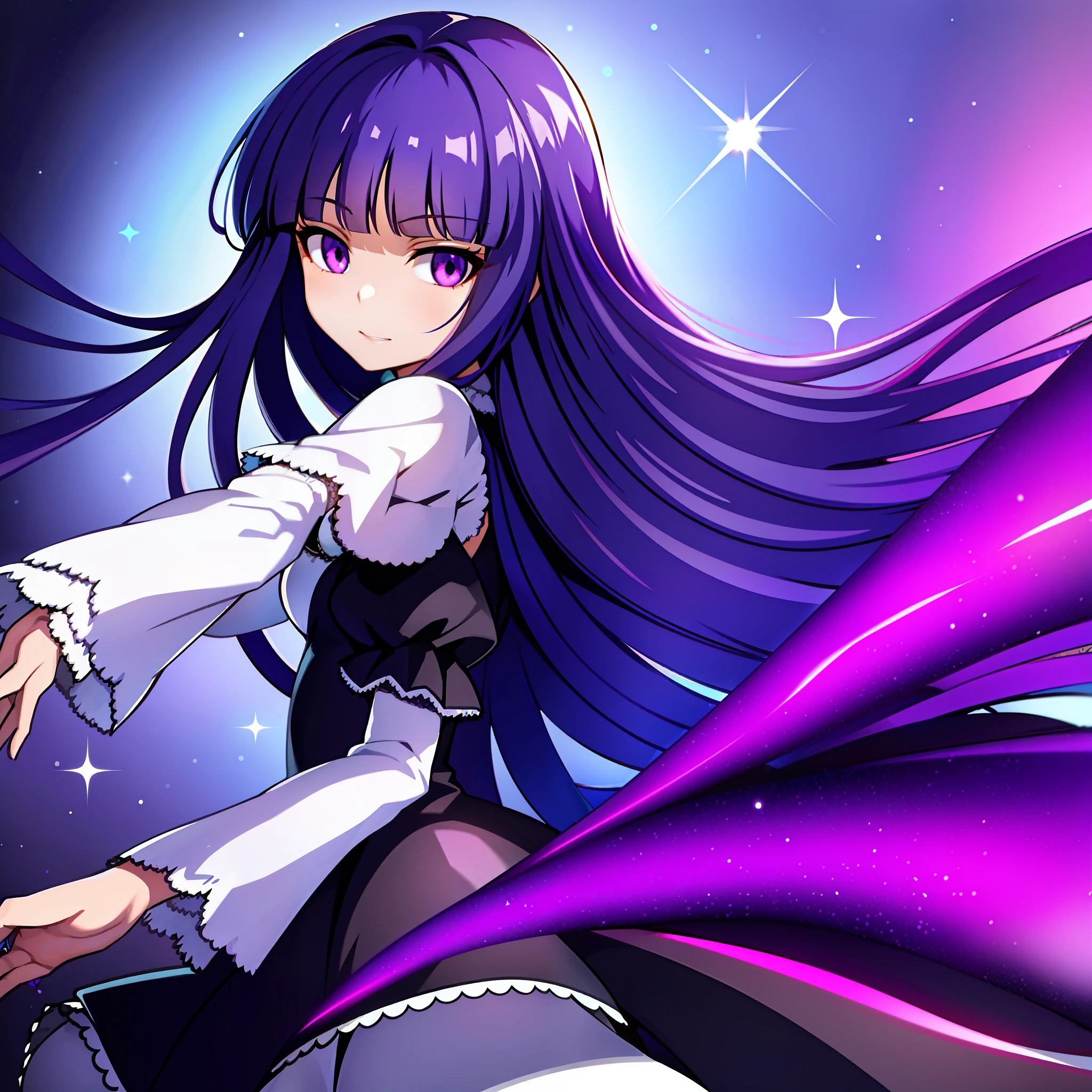 1girl, frederica bernkastel, blue hair, purple eyes, dress, detailed background, long sleeves, looking from back, dark purple space background, many crystal prisms in background, dead eyes