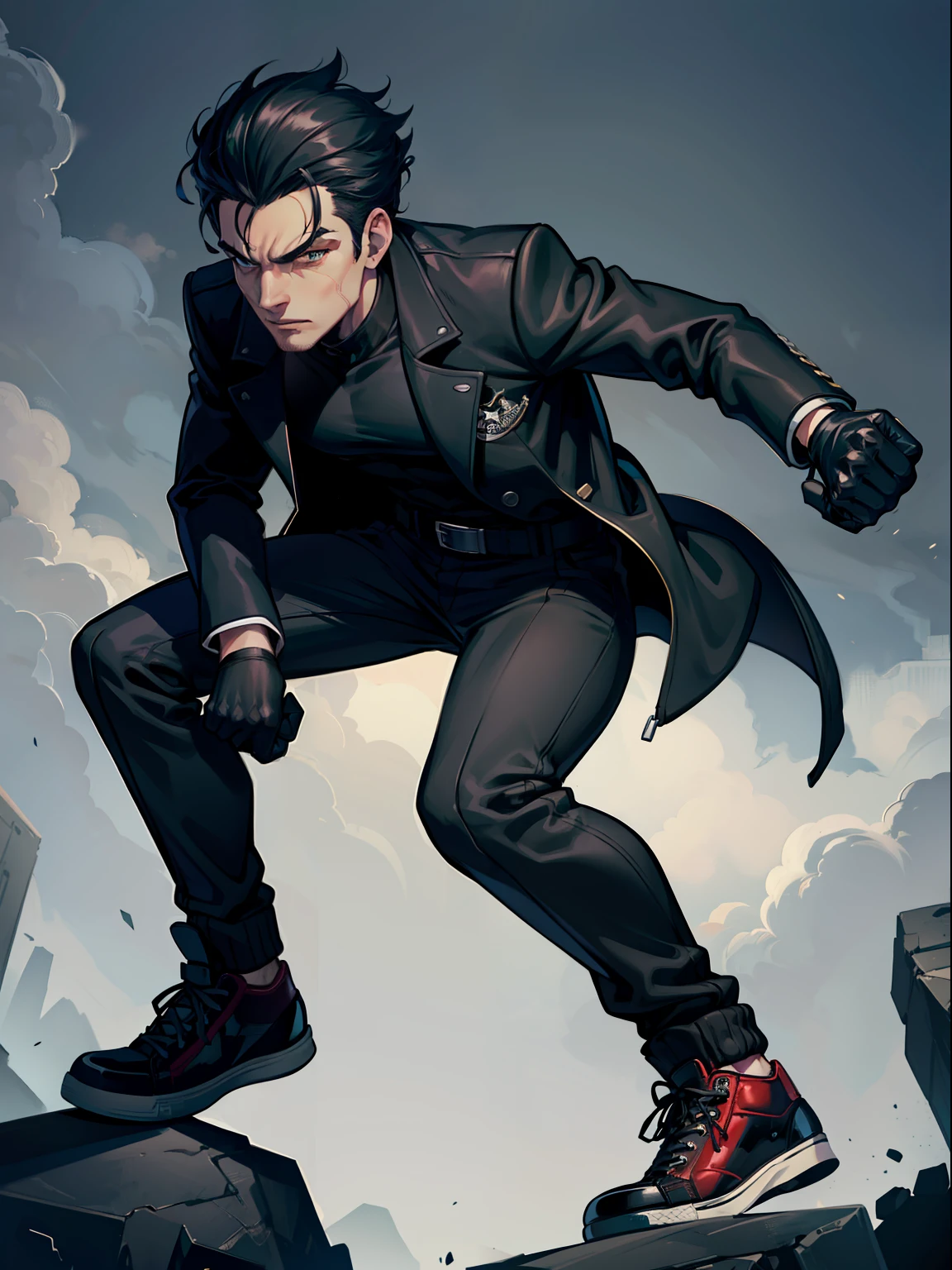 Villain man, wearing a super detailed black jacket, black gloves, power in his right hand, black all star converse sneakers, hair with