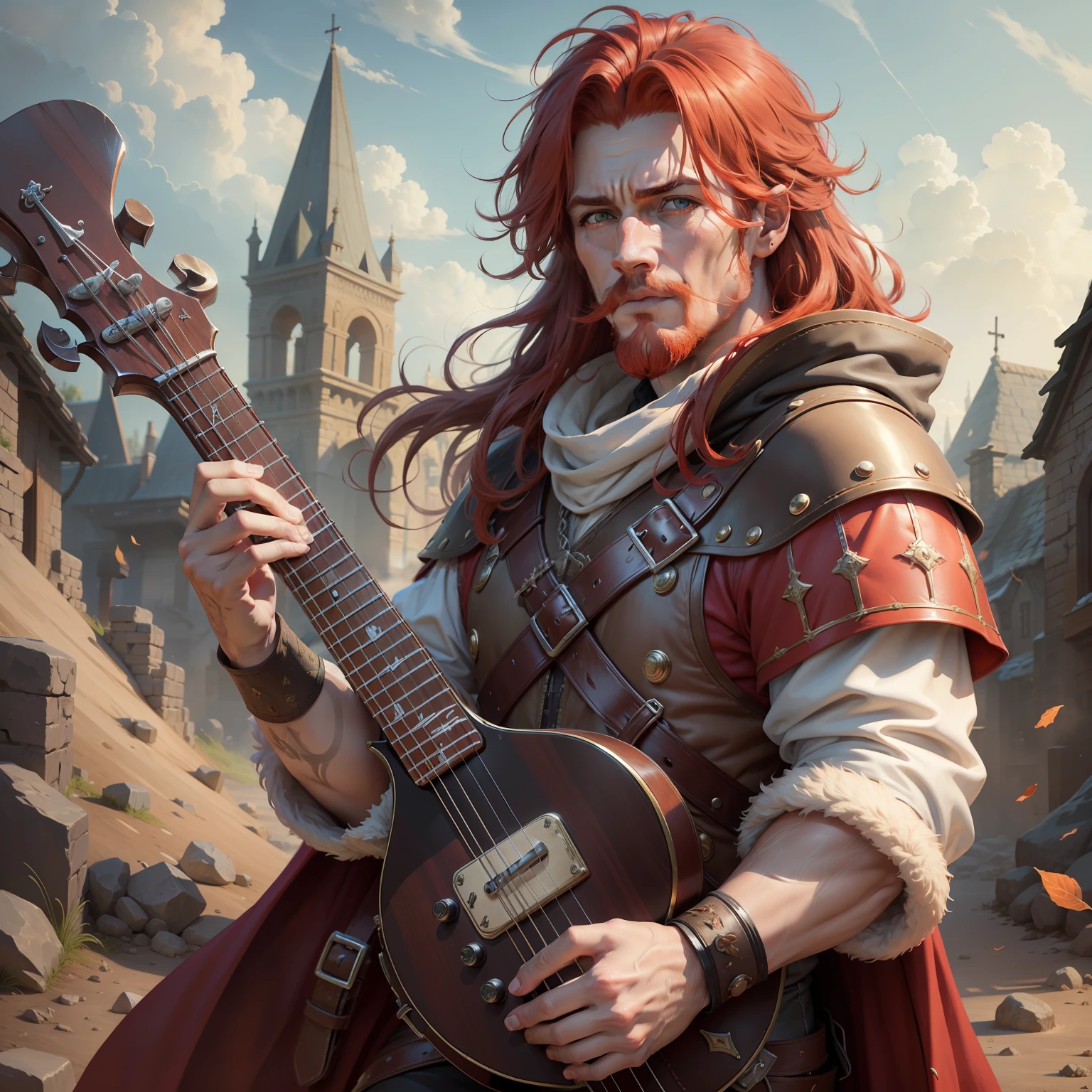 high quality image, 8k, masterpiece, red-haired bard man, medieval, mysterious