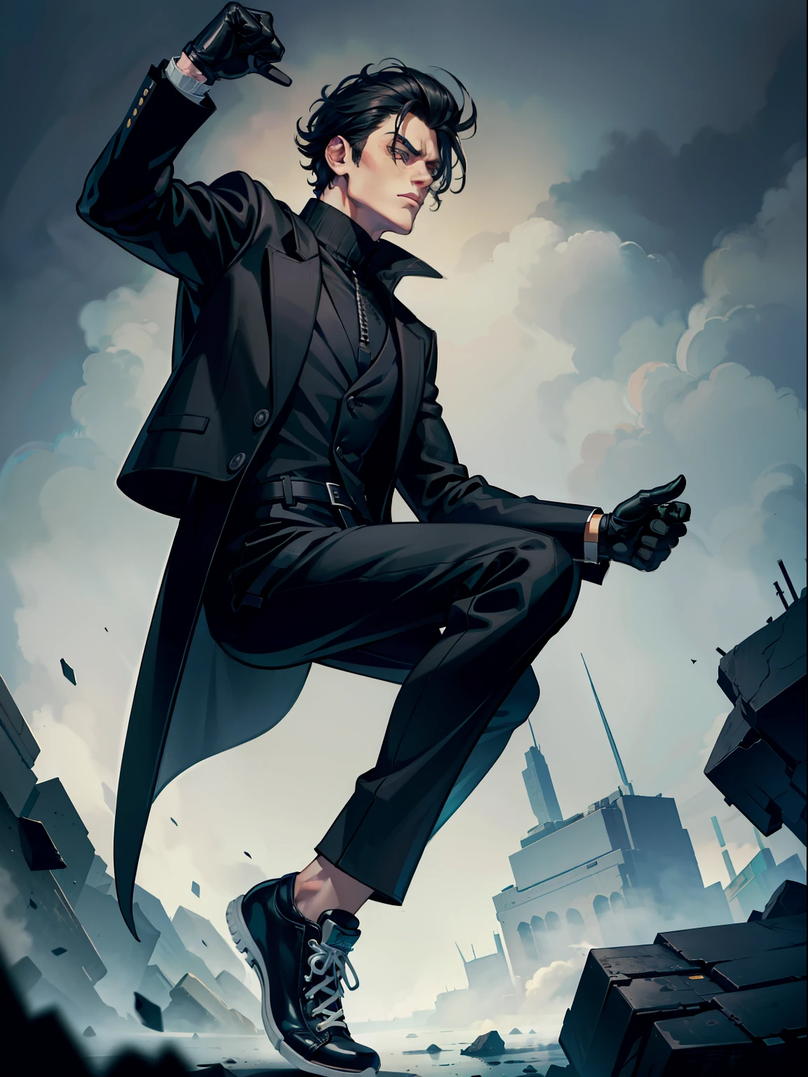 Villain man, wearing a super detailed black jacket, black gloves, power in his right hand, black all star converse sneakers, hair with
