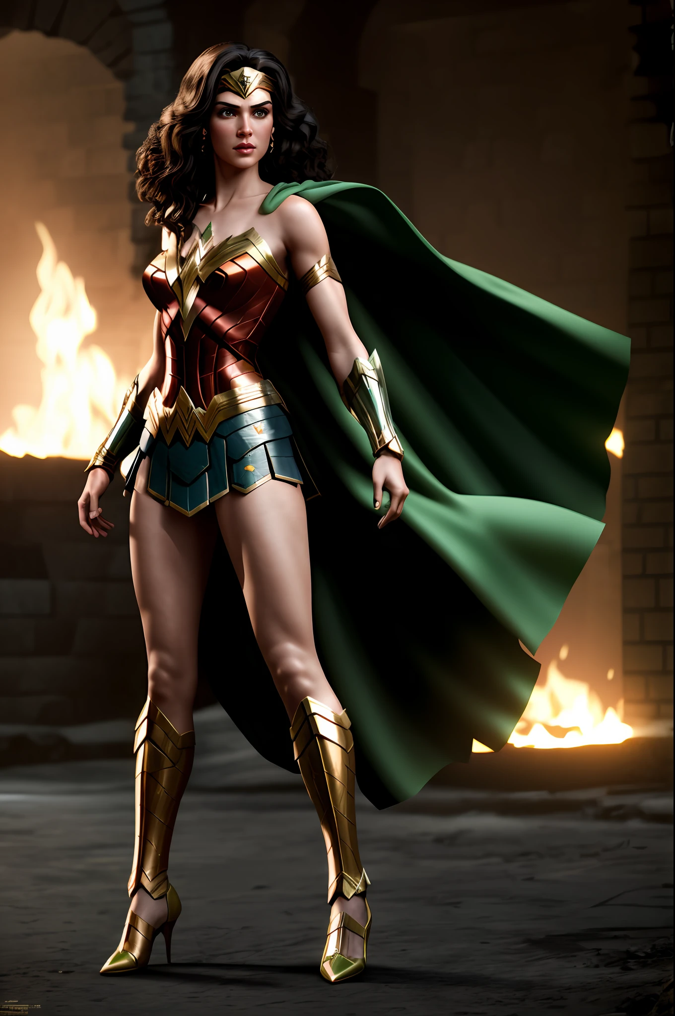 Wonder woman with features princess peach green and yellow full body dramatic octane dynamic render global lighting high details 8k hdr 85mm lens render intricate details art by trend at artstation