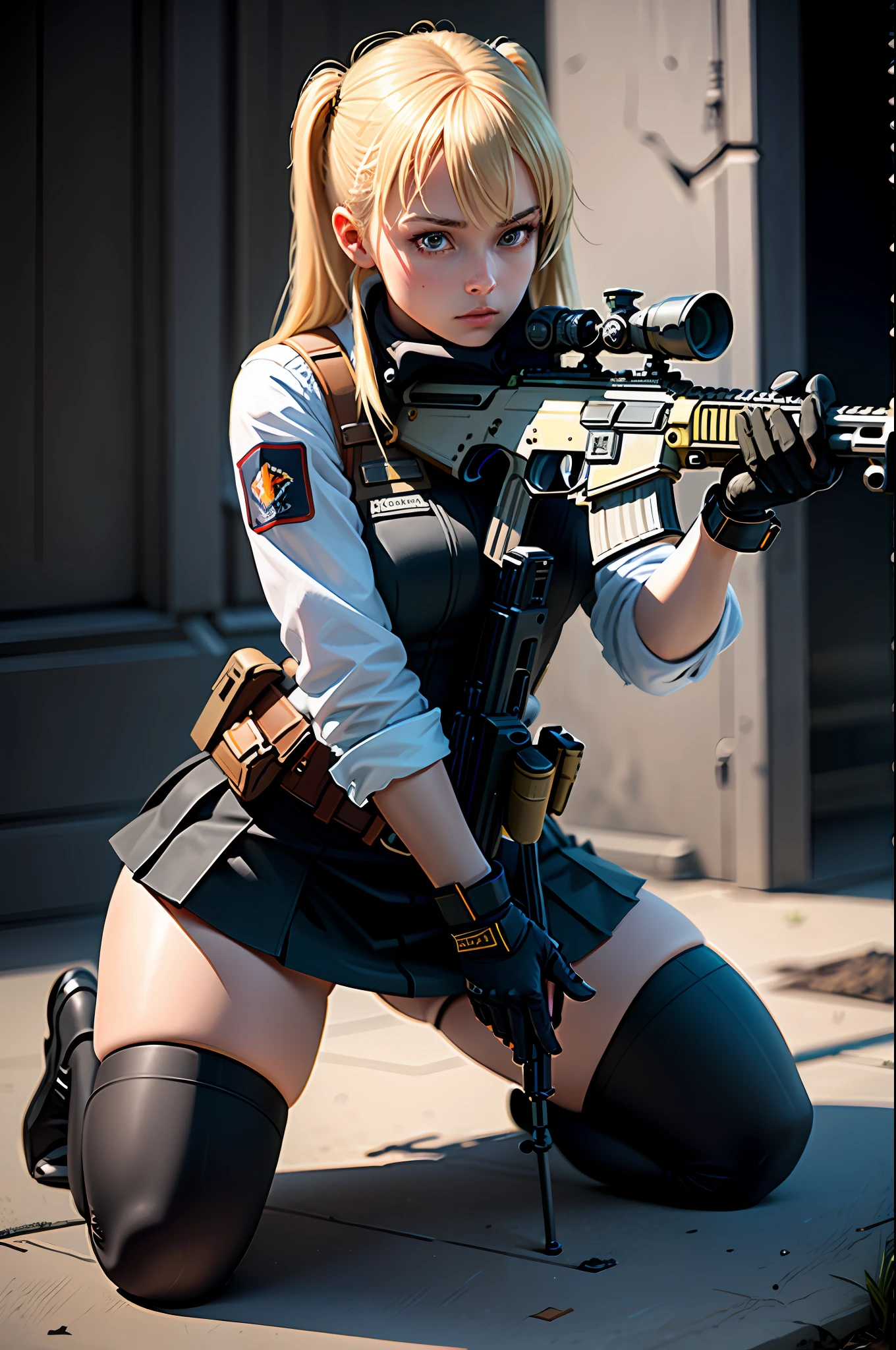 ((best quality)), (masterpiece), photorealistic, photorealism,
1girl kneeling and aiming with an ak-47 assault rifle, blonde hair, black gloves, mini skirt, (thighhighs)