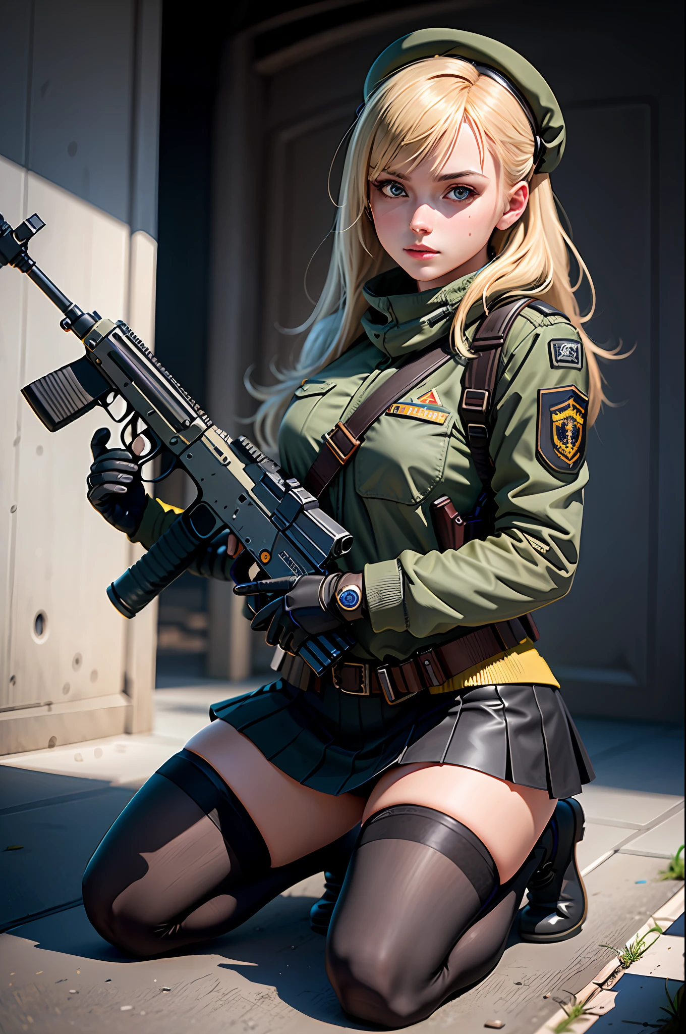 ((best quality)), (masterpiece), photorealistic, photorealism,

1girl kneeling and aiming with an ak-47 assault rifle, blonde hair, black gloves, mini skirt, (thighhighs)