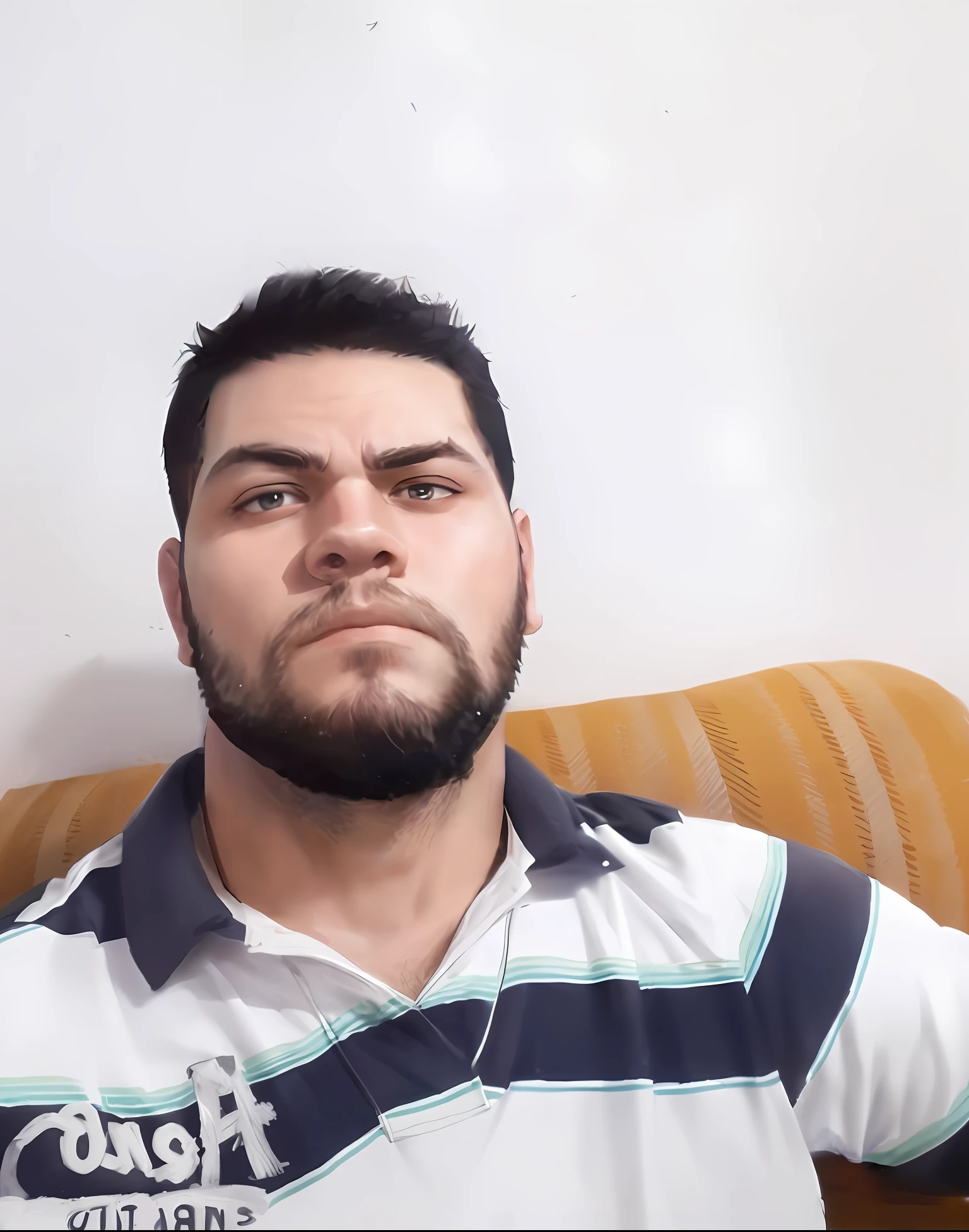 28-year-old man with beard, GTA San Andreas black eyes, serious looking at the viewer, solo, upper body, ((masterpiece)), (best quality), (extremely detailed), depth of field, sketch, intense dark shadows, sharp focus, soft lighting, hdr, colorful, good composition, spectacular, closed shirt, anime screenshot