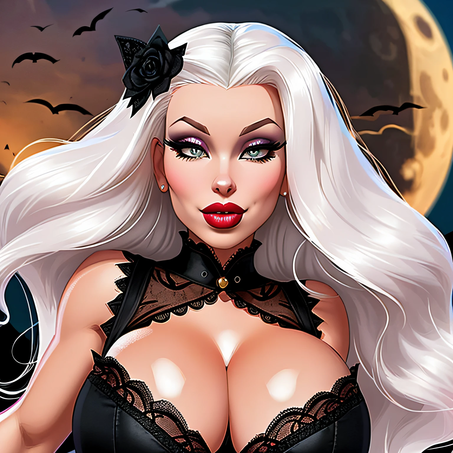 [Nicolette Shea|Kitty Summers], white hair styled in loose waves, analog style, woman, (thepit bimbo:1.2), detailed, skin texture, (silicon lips:1.3), (closeup:1.2), centered, pale skin, looking at viewer, 8k, highly detailed, symmetric, realistic, photo-realistic, cleavage focus, pout, wide hips, night background, glowing skin, breast enlargement, huge breasts, (black lace dress:1.2), bubblebutt, huge lips, gold outline, eyelashes, eyeshadow, 1girl, (massive lips: 1.3), (gigantic lips: 1.3), in frame, (gothic style:1.2), milf, feminine, vampire, huge resolution, moon in background, pronounced cheek bones, highly detailed eyes, (dreamlike style:1.2), blood, blood moon