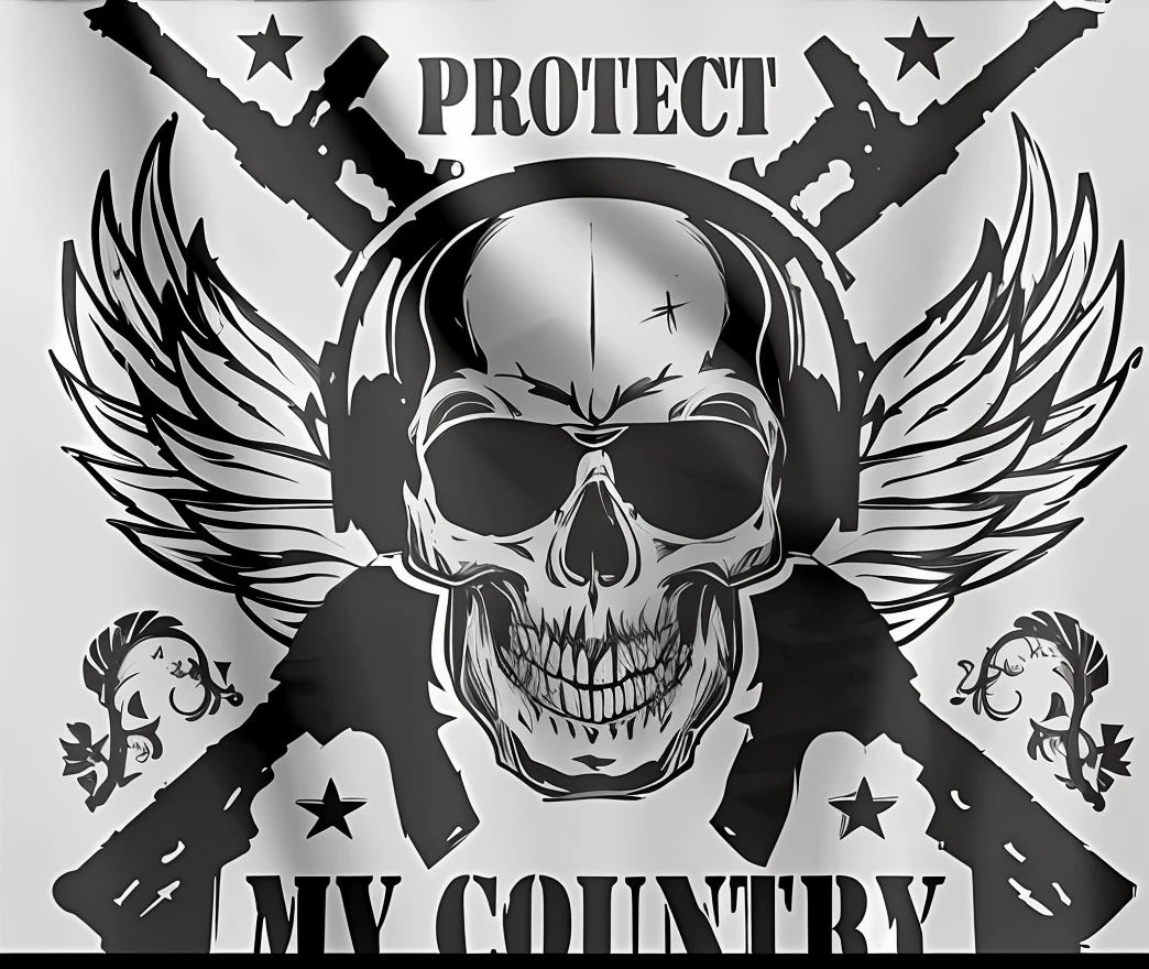a white t-shirt with a skull and weapons on it, protect, brazil,