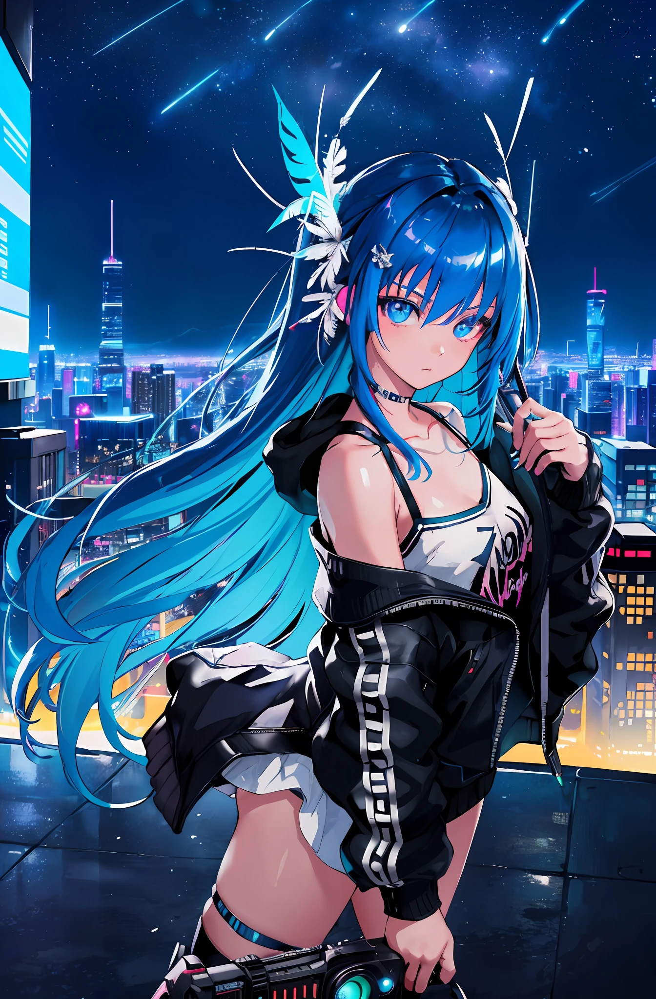 (masterpiece), best quality, ultra high res,little girl, cyberpunk 1girl flying above stunning cityscape ,hoodie,blue hair, neon color shooting stars, very long hair, off shoulder, feather hair ornament, neon colors, flashes, stunning night sky, cinematic lighting, photorealistic, realistic skin, HDR,fisheye