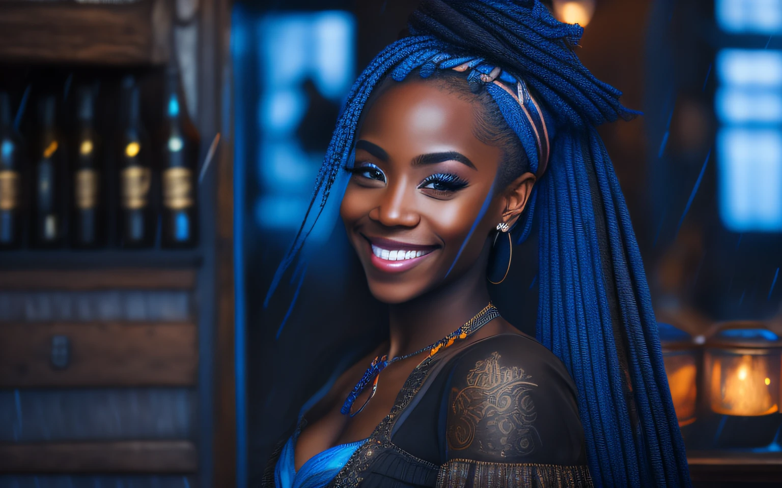 a portrait photo of a black girl, smiling, tattoo, blue dreads, (popular dress: 1.3), long dress, pronounced feminine feature, insane details, intricate details, hyperdetailed, complex background, medieval tavern, indoors, with lightning and rain in the background