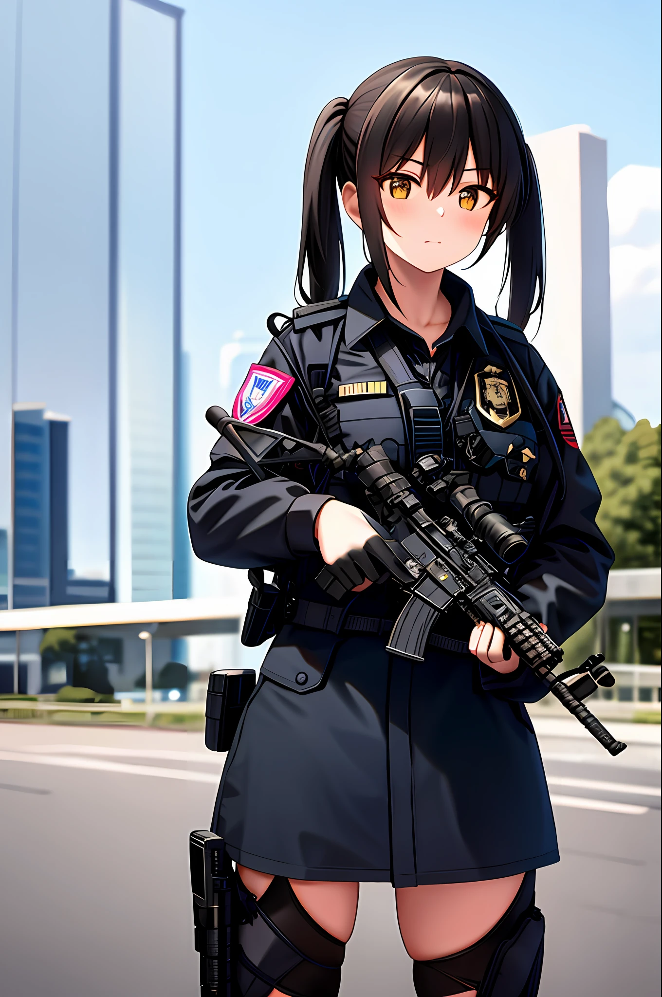 masterpiece, best quality, 1girl, m4a1, rifle, trigger discipline, city background, police officer,